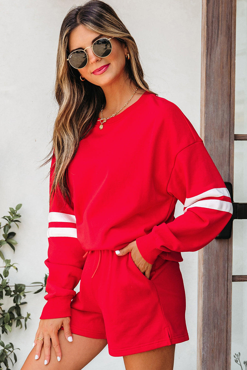 Fiery Red Varsity Striped Sleeve Drop Shoulder Sweatshirt and Short Set-Two Piece Sets/Short Sets-[Adult]-[Female]-2022 Online Blue Zone Planet