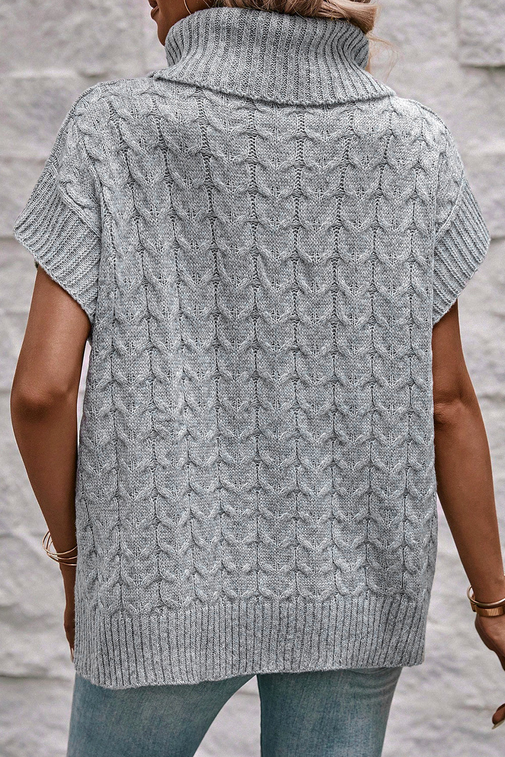 Medium Grey Cable Knit Turtleneck Batwing Sleeve Sweater-TOPS / DRESSES-[Adult]-[Female]-2022 Online Blue Zone Planet