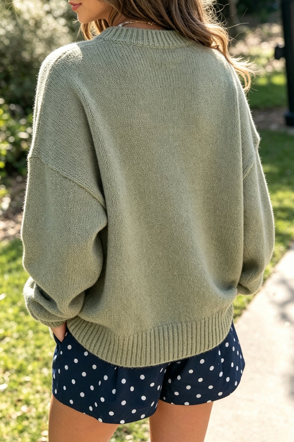 Laurel Green Flying Mallard Pattern Round Neck Drop Shoulder Knit Sweater-TOPS / DRESSES-[Adult]-[Female]-2022 Online Blue Zone Planet