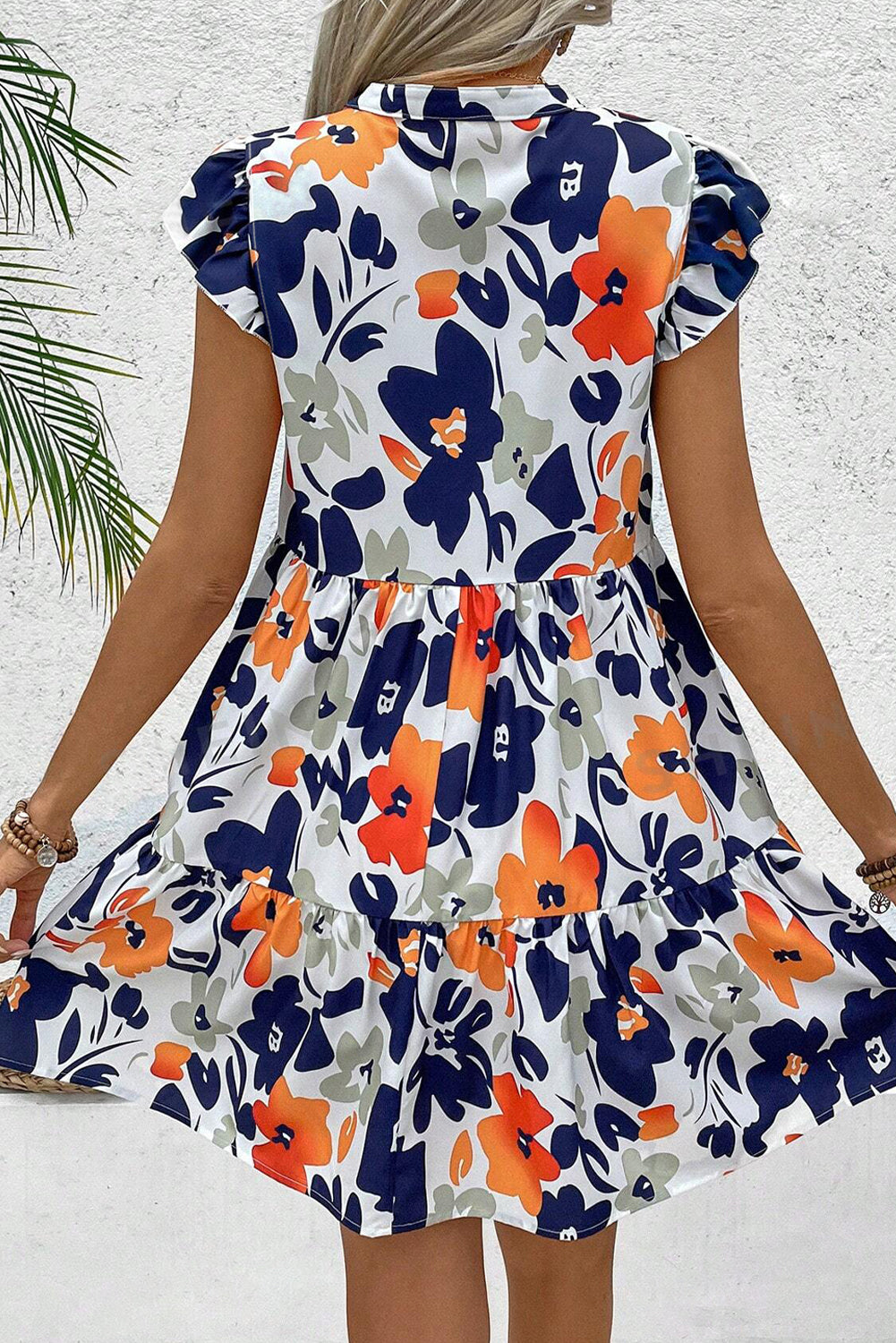 Orange Floral Print Notched Neck Flutter Sleeve Mini Dress-Dresses/Floral Dresses-[Adult]-[Female]-2022 Online Blue Zone Planet