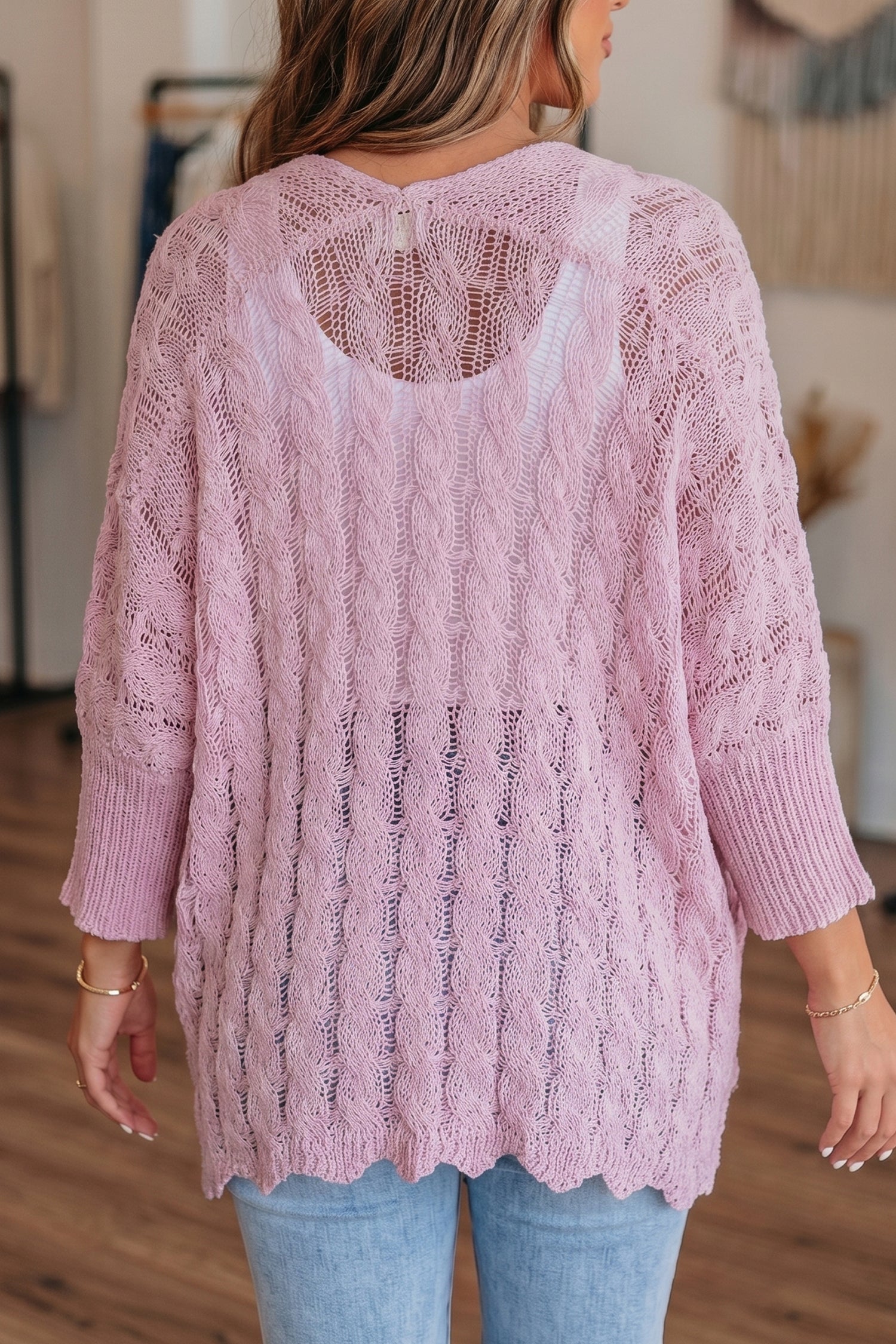 Pink Hollowed Pattern Knit Drop Shoulder Open Sweater Cardigan-TOPS / DRESSES-[Adult]-[Female]-2022 Online Blue Zone Planet