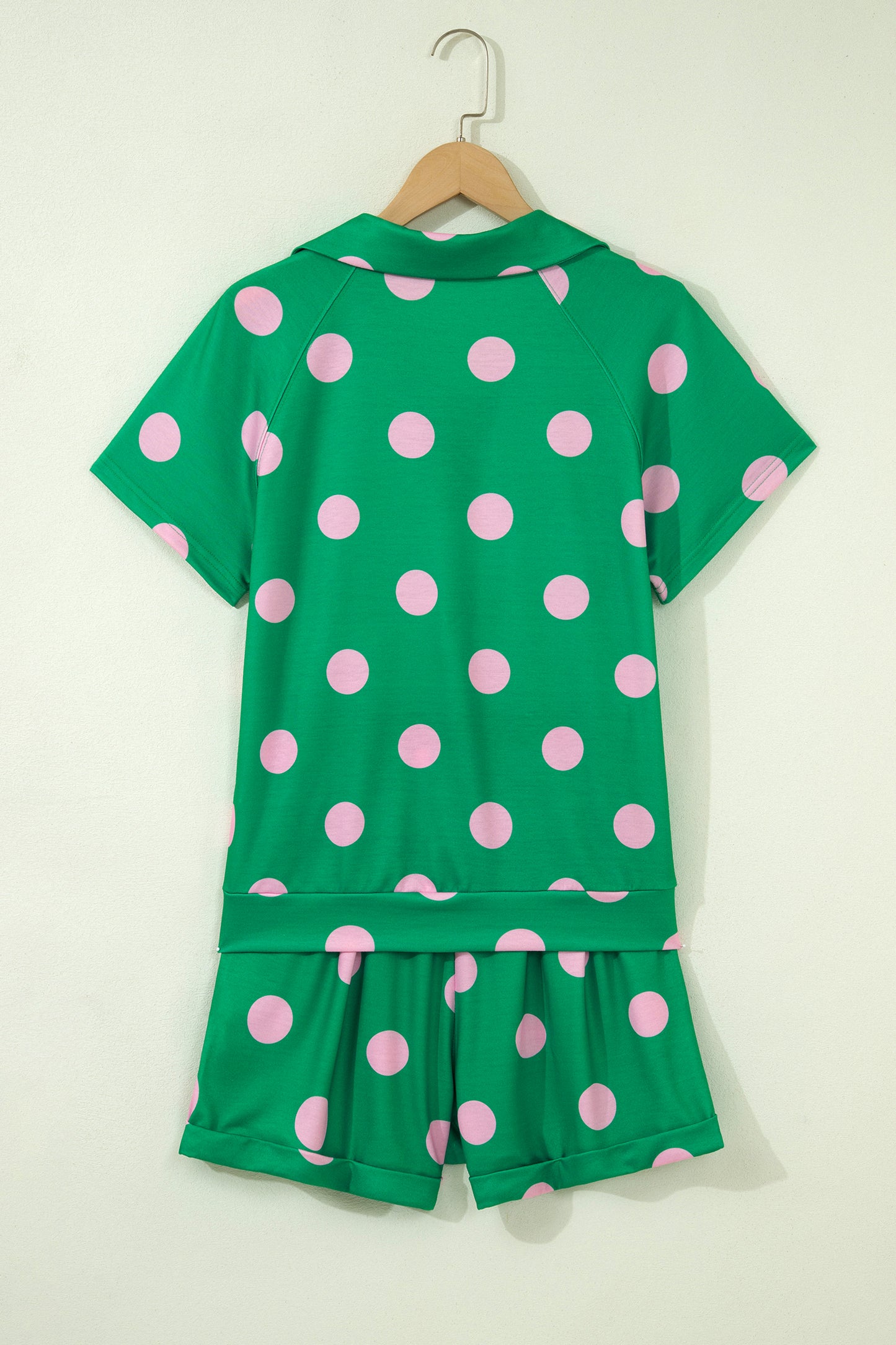 Beige Polka Dot Print V Neck Tee Short Set-Two Piece Sets/Short Sets-[Adult]-[Female]-2022 Online Blue Zone Planet