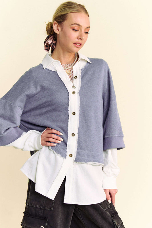 Davi & Dani Faux Layered French Terry Contrast Top-TOPS / DRESSES-[Adult]-[Female]-Denim Blue-S-2022 Online Blue Zone Planet