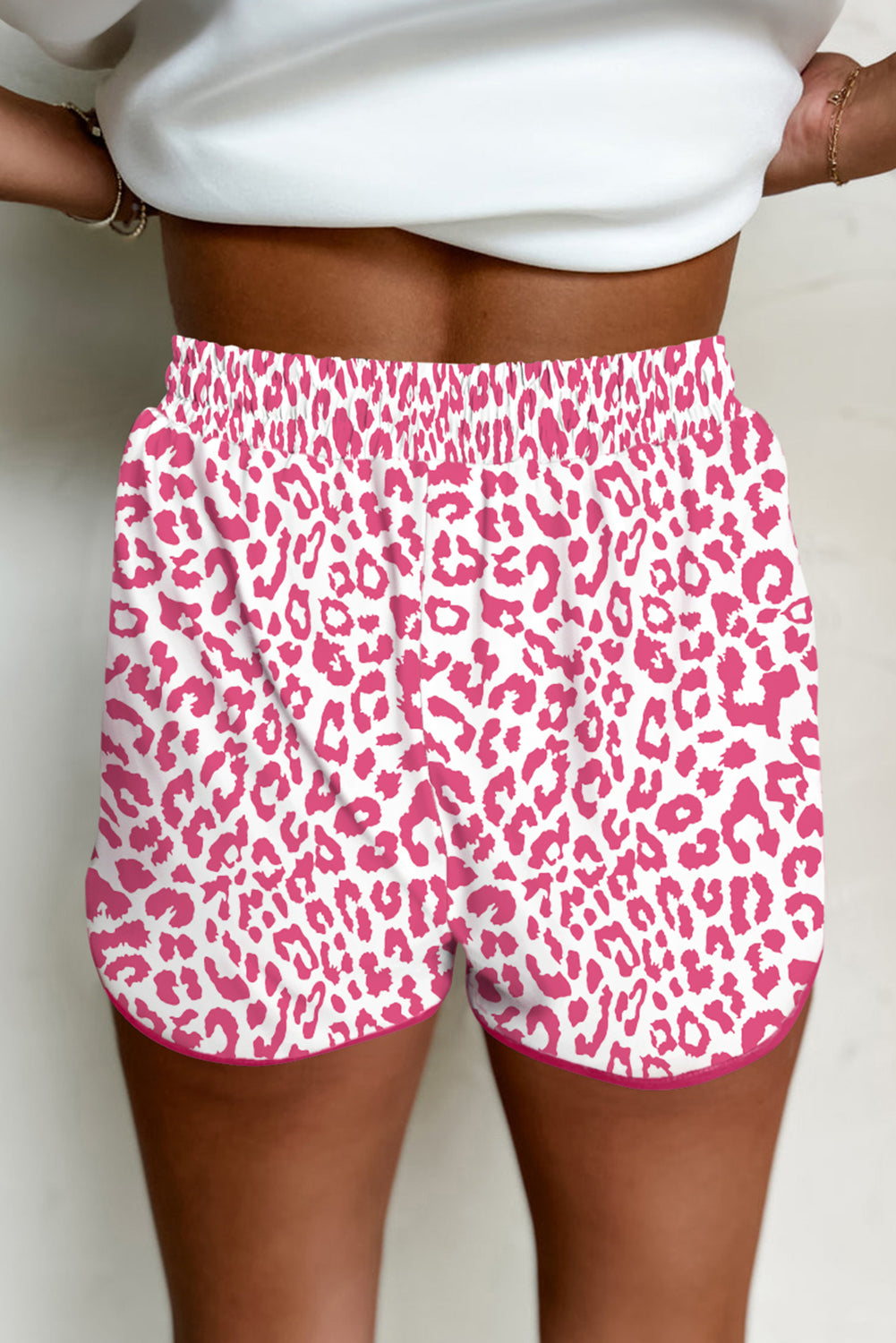 Pink Leopard Elastic Waist Lace Up Contrast Trim Casual Shorts-Bottoms/Casual Shorts-[Adult]-[Female]-2022 Online Blue Zone Planet