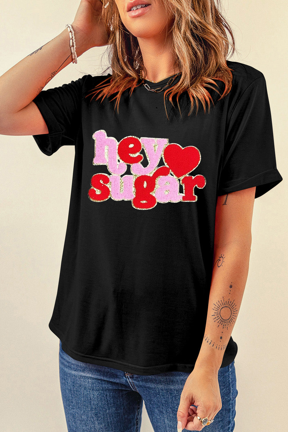 Black Chenille Heart Hey Sugar Patched Crewneck Valentines Tee-Graphic/Graphic Tees-[Adult]-[Female]-2022 Online Blue Zone Planet