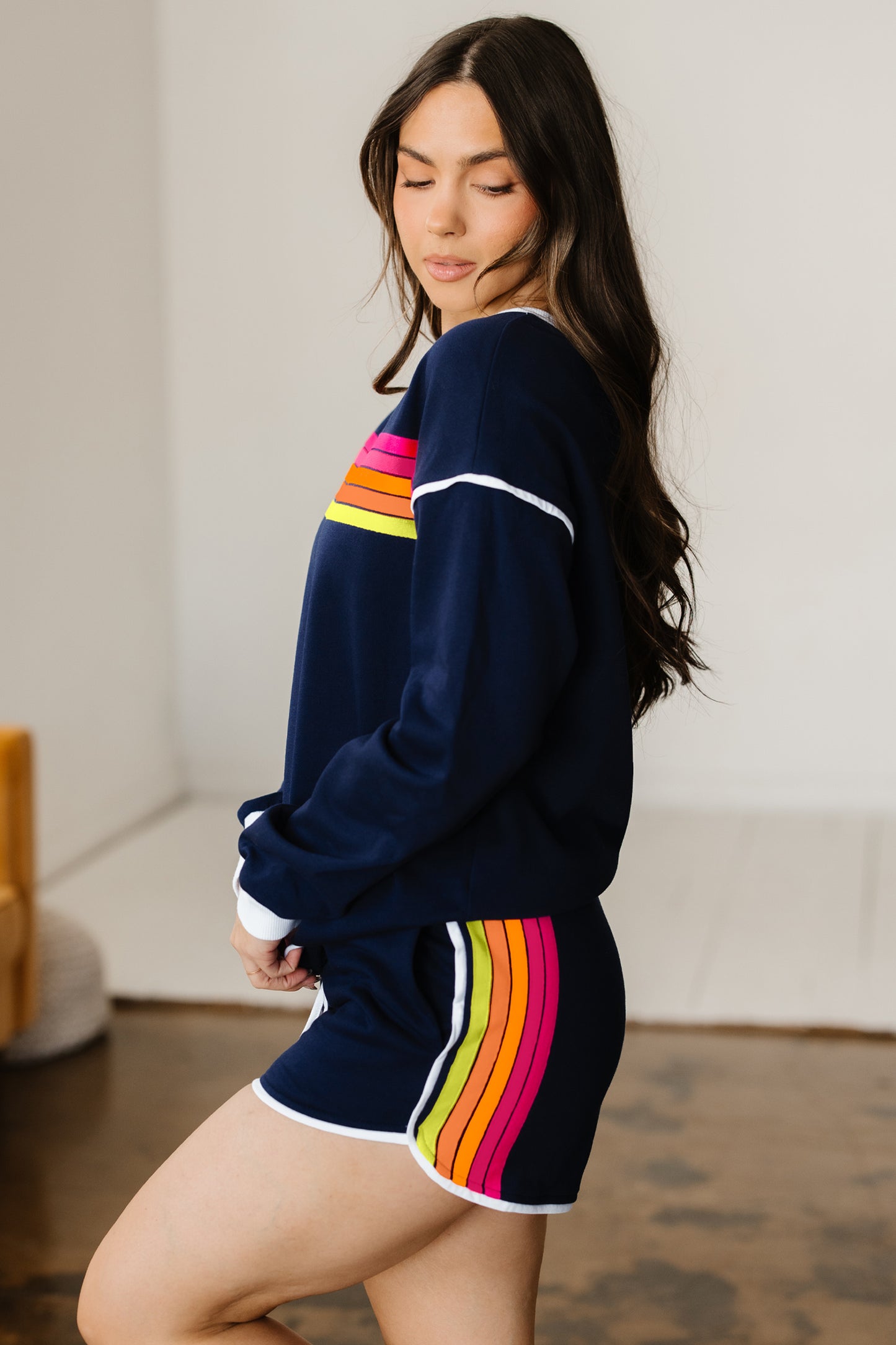 Bluing Colorful Striped Accent Varsity Long Sleeve Pullover and Shorts Matching Set-Two Piece Sets/Short Sets-[Adult]-[Female]-2022 Online Blue Zone Planet