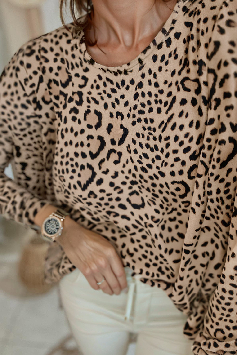 Khaki Leopard Print Long Batwing Sleeve Loose Top-Tops/Long Sleeve Tops-[Adult]-[Female]-2022 Online Blue Zone Planet