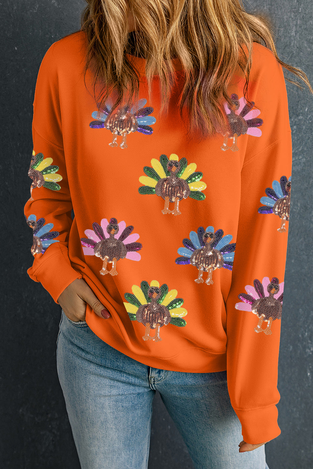 Orange Colorful Turkey Thanksgiving Graphic Sweatshirt-Graphic/Graphic Sweatshirts-[Adult]-[Female]-2022 Online Blue Zone Planet