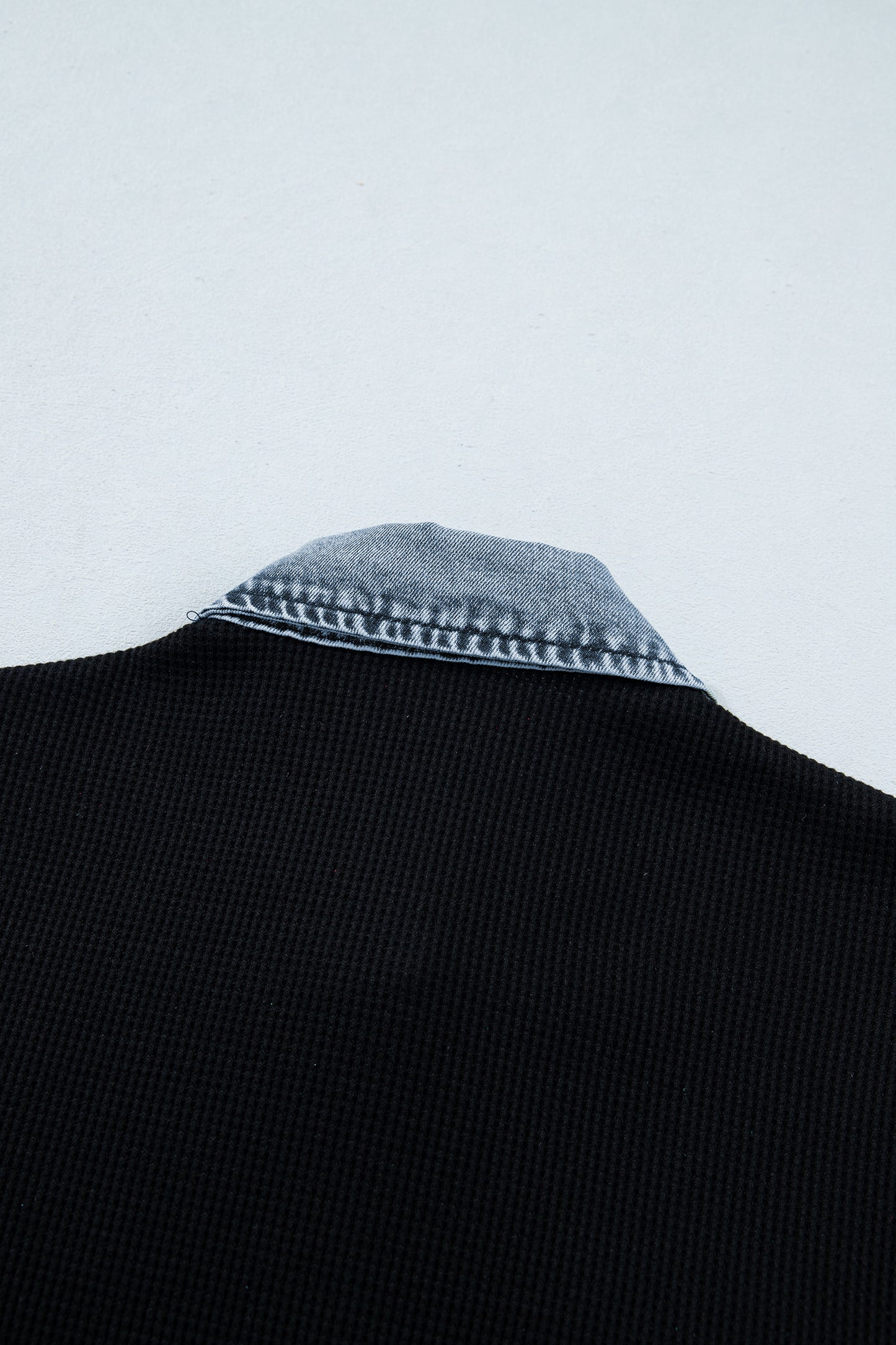 Black Textured Knit Denim Color Block Patchwork Collar Button Down Shirt-Tops/Blouses & Shirts-[Adult]-[Female]-2022 Online Blue Zone Planet