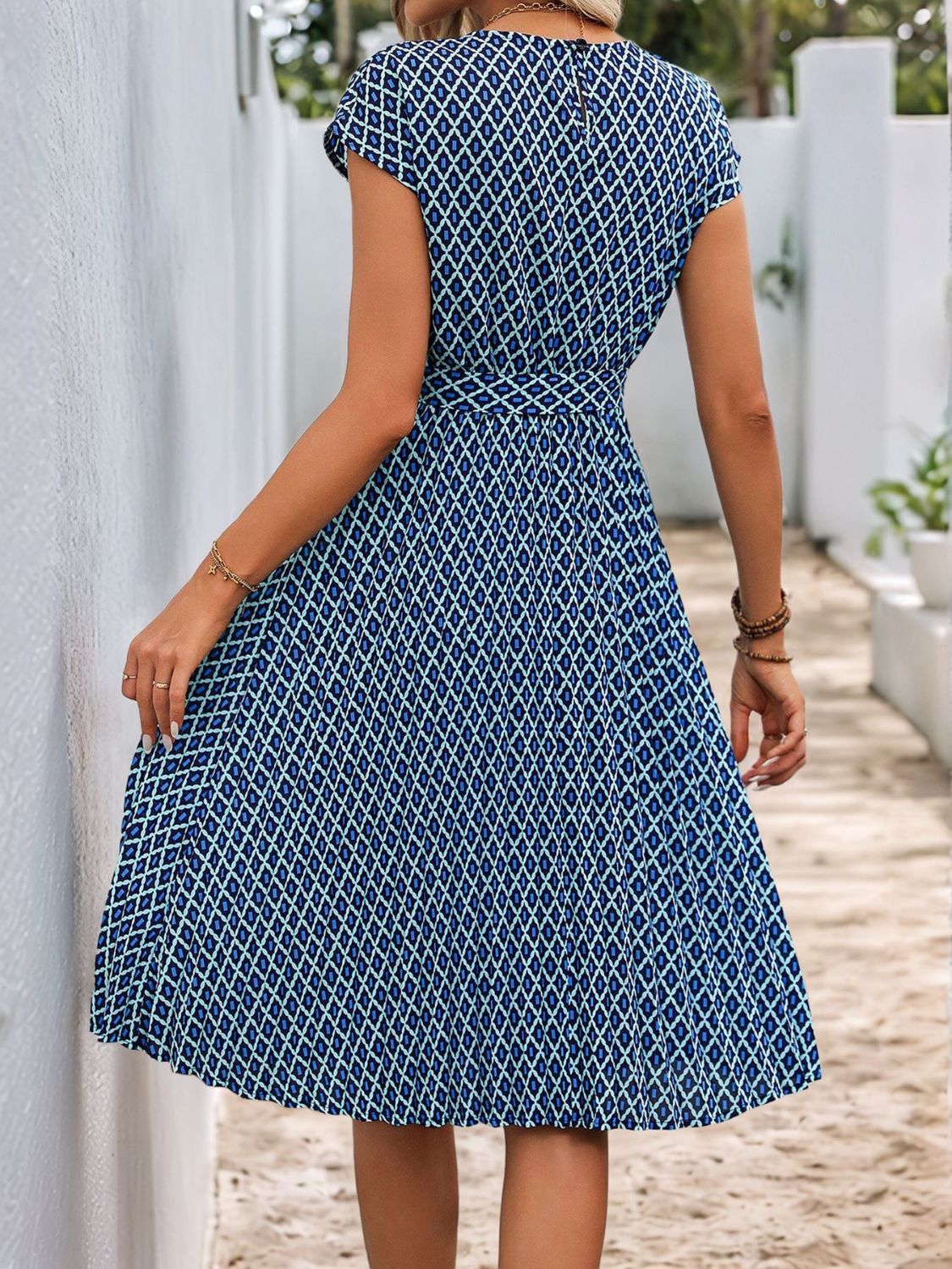 Perfee Printed Round Neck Short Sleeve Midi Dress-TOPS / DRESSES-[Adult]-[Female]-2022 Online Blue Zone Planet