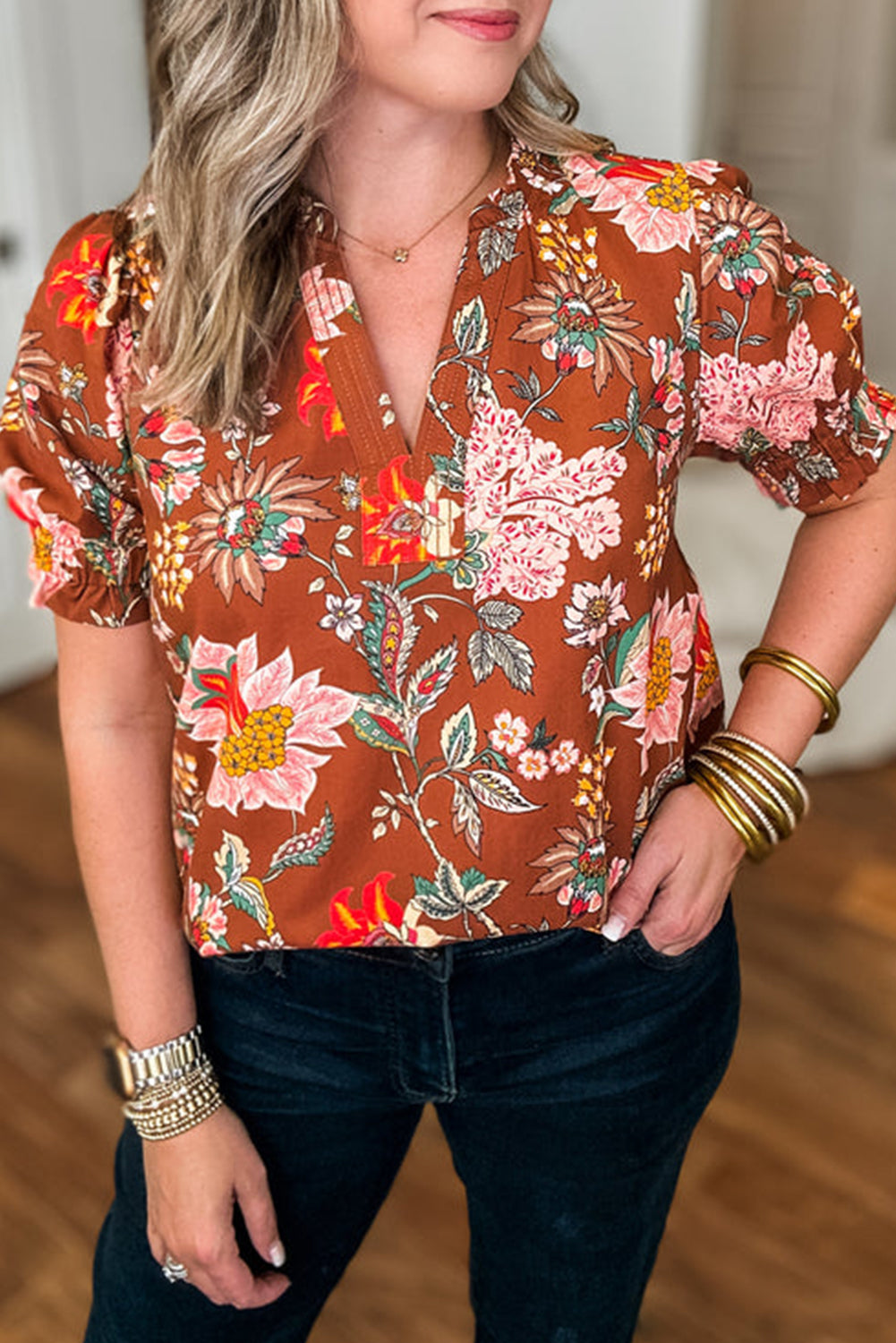 Brown Floral Stitched V Neck Frilled Trim Puff Short Sleeve Blouse-Plus Size/Plus Size Tops/Plus Size Blouses & Shirts-[Adult]-[Female]-Brown-1X-2022 Online Blue Zone Planet