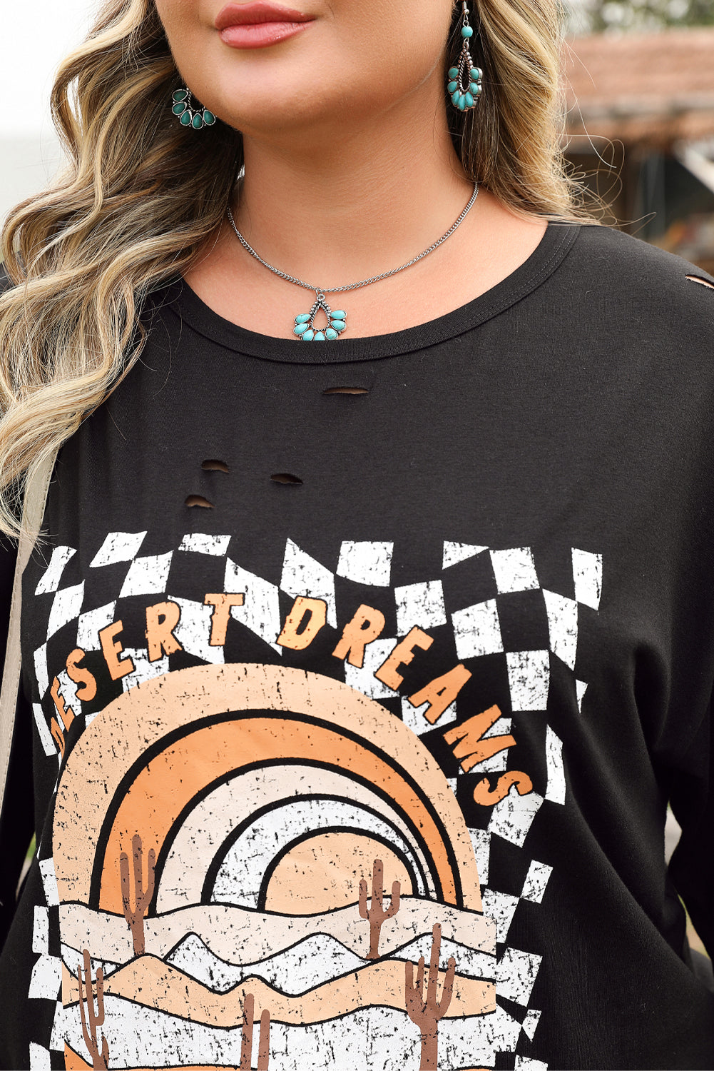 Black Checkerd Desert Dreams Printed Ripped Plus Size Tee-Plus Size/Plus Size Tops/Plus Size Tops & Tees-[Adult]-[Female]-2022 Online Blue Zone Planet
