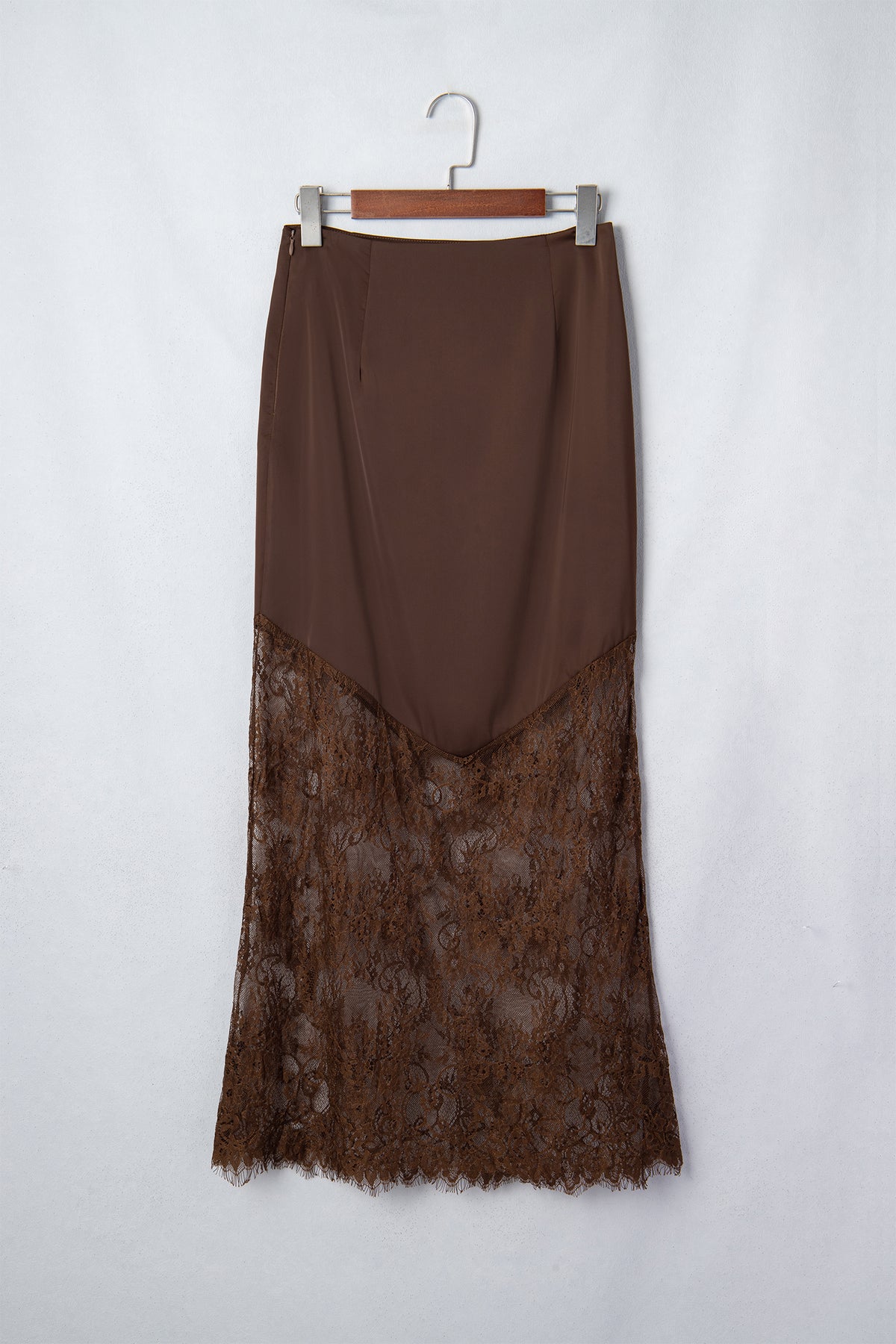 Dark Brown Lace Patchwork Hem Long Casual Shift Skirt-Bottoms/Skirts & Petticoat-[Adult]-[Female]-2022 Online Blue Zone Planet