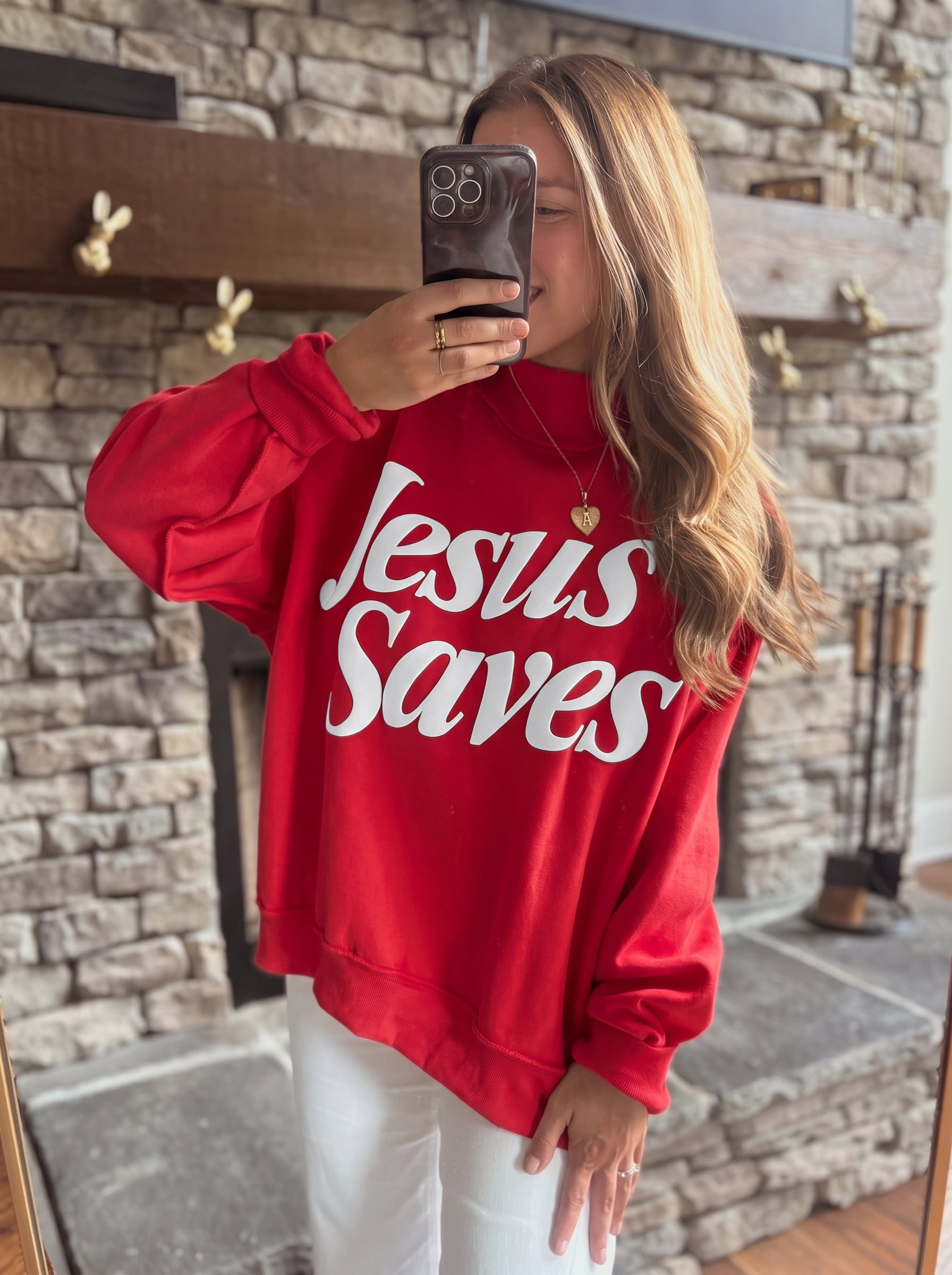 Fiery Red Jesus Saves Slogan Print Stand Neck Baggy Sweatshirt-Tops/Sweatshirts & Hoodies-[Adult]-[Female]-2022 Online Blue Zone Planet