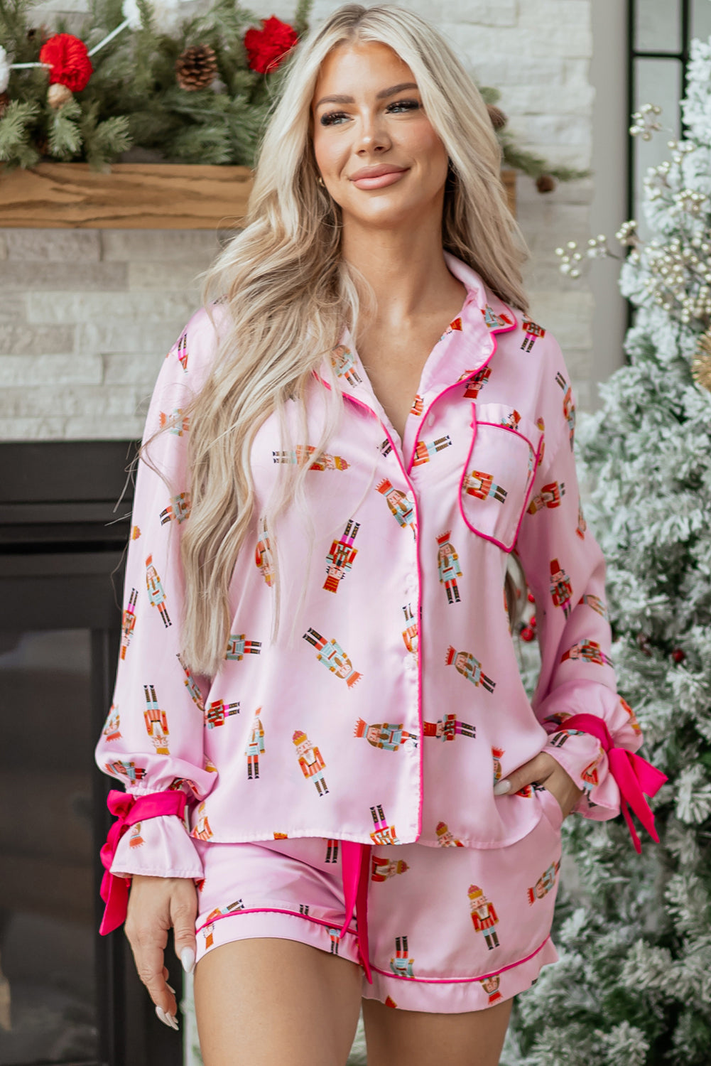 Pink Nutcracker Print Contrast Trim Tied up Bow Silky 2pcs Pajama Set-Loungewear & Sleepwear/Sleepwear-[Adult]-[Female]-2022 Online Blue Zone Planet
