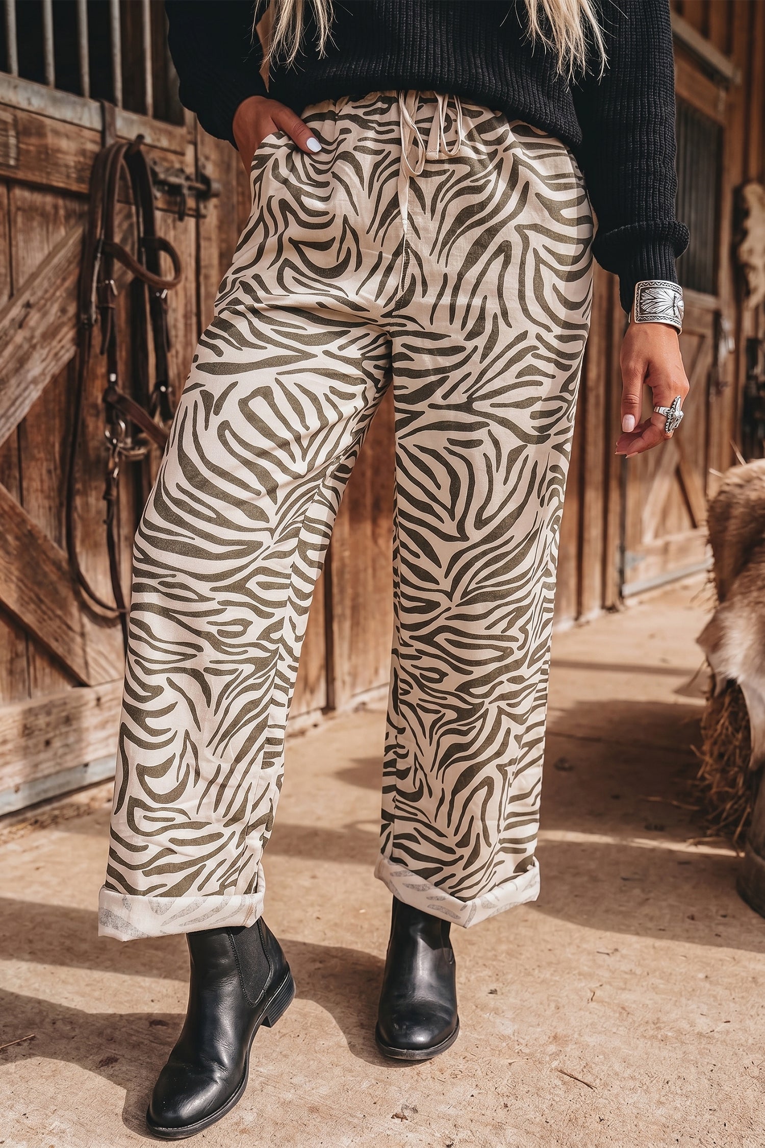 Multicolour Western Print Zebra Pattern Elastic Waist Pocket Full-Length Pants-Bottoms/Pants & Culotte-[Adult]-[Female]-Multicolour-S-2022 Online Blue Zone Planet