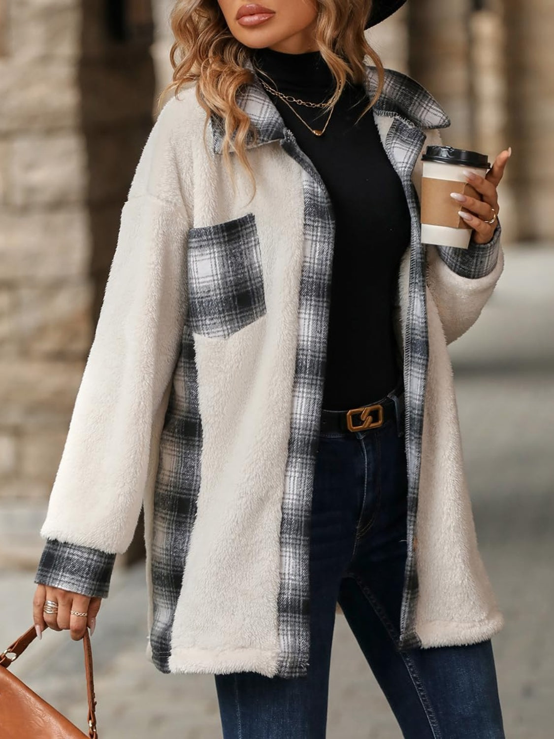 Plaid Button Up Long Sleeve Fuzzy Outerwear-TOPS / DRESSES-[Adult]-[Female]-2022 Online Blue Zone Planet