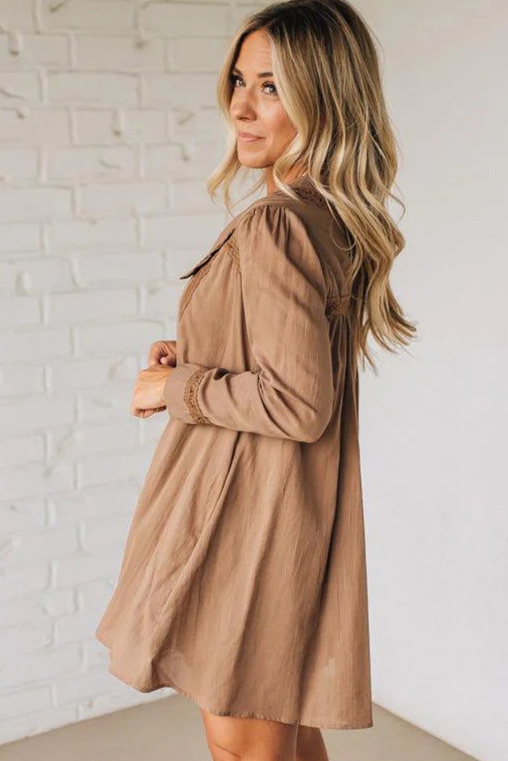 Straw Yellow Lace Trim Peter Pan Collar Long Sleeve Mini Shirt Dress-TOPS / DRESSES-[Adult]-[Female]-2022 Online Blue Zone Planet