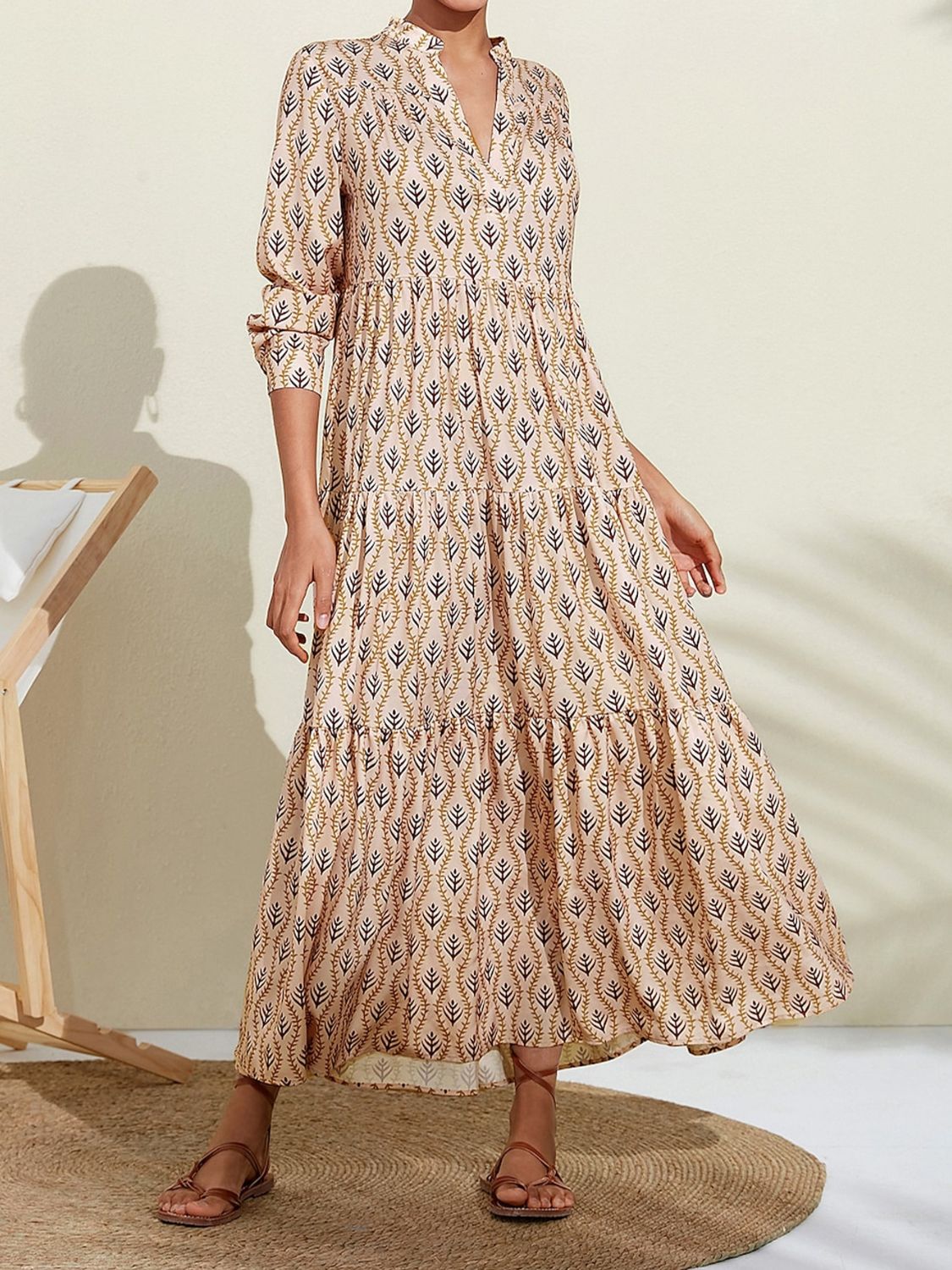 Printed Notched Long Sleeve Midi Dress-TOPS / DRESSES-[Adult]-[Female]-2022 Online Blue Zone Planet