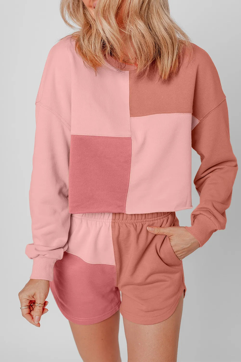 Color Block Round Neck Top and Shorts Set-TOPS / DRESSES-[Adult]-[Female]-Dusty Pink-S-2022 Online Blue Zone Planet