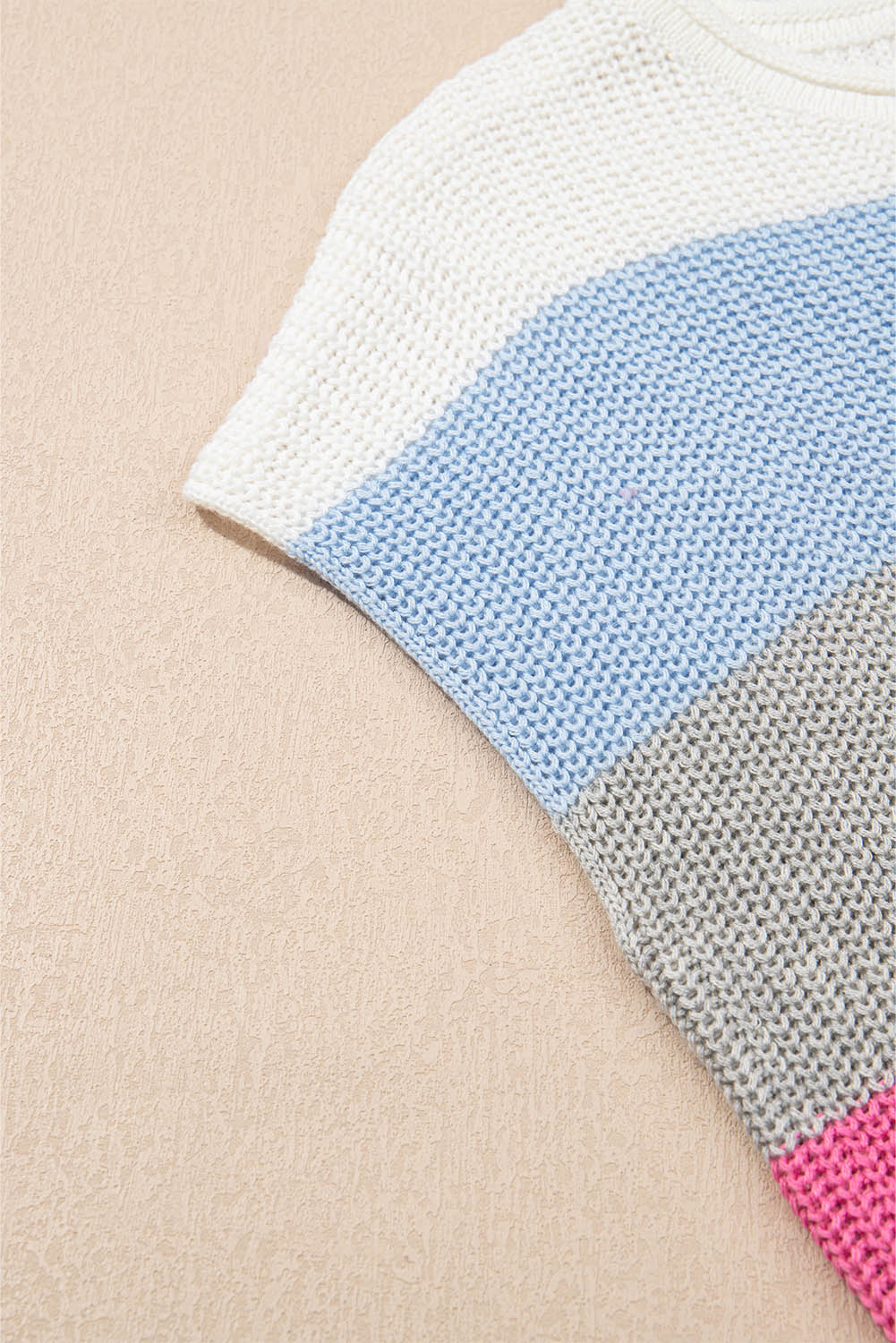 Light Blue Color Block Notch V Neck Sweater T Shirt-Sweaters & Cardigans/Short Sleeve Sweaters-[Adult]-[Female]-2022 Online Blue Zone Planet