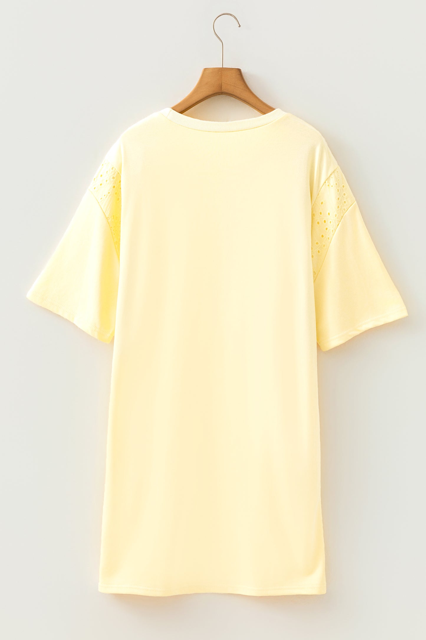 Yellow Cream Eyelet Embroidered Lace Splicing Sleeve Loose T Shirt Dress-TOPS / DRESSES-[Adult]-[Female]-2022 Online Blue Zone Planet