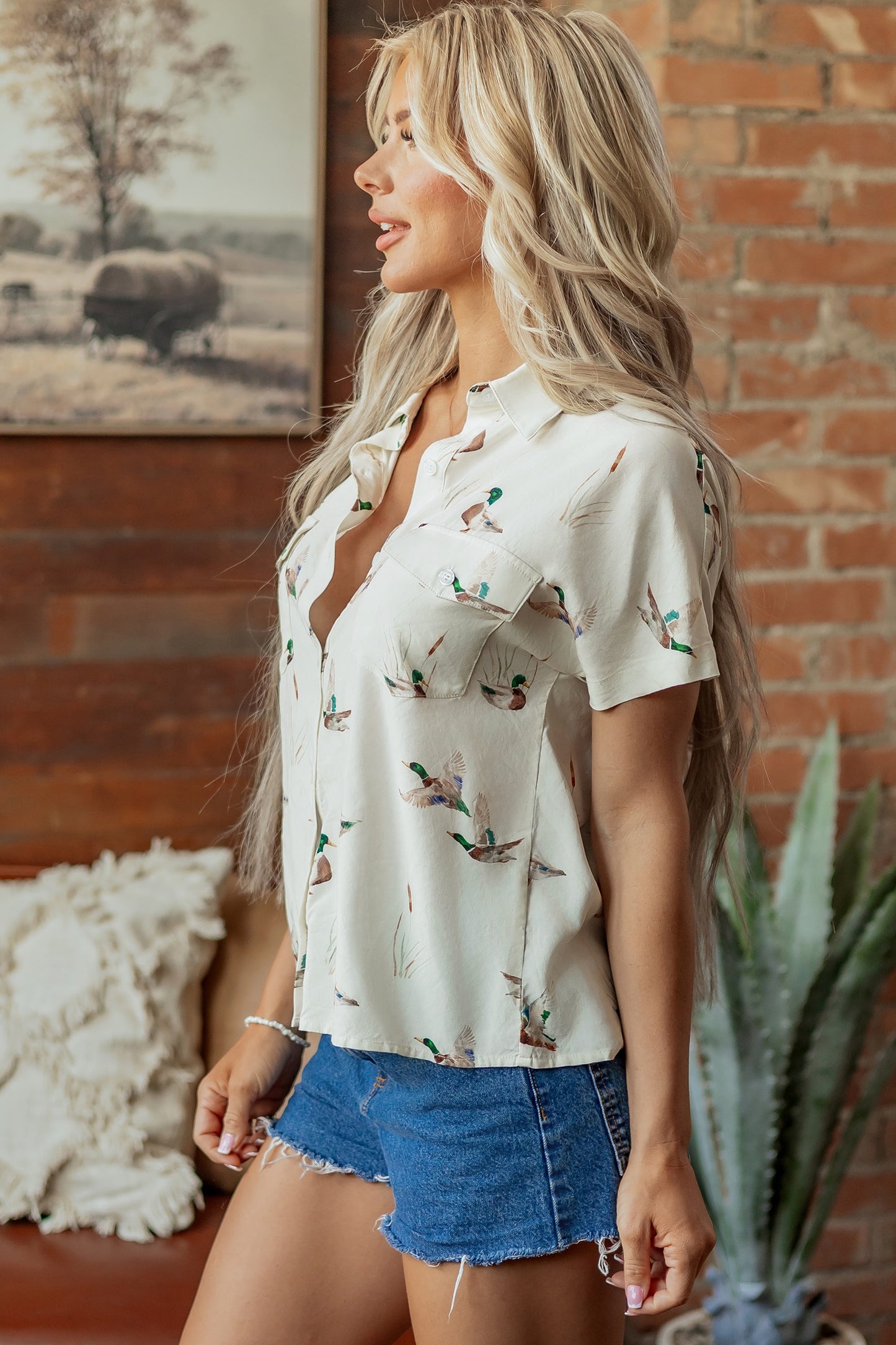 White Mallard Printed Button Flap Pocket Short Sleeve Shirt-Tops/Blouses & Shirts-[Adult]-[Female]-2022 Online Blue Zone Planet