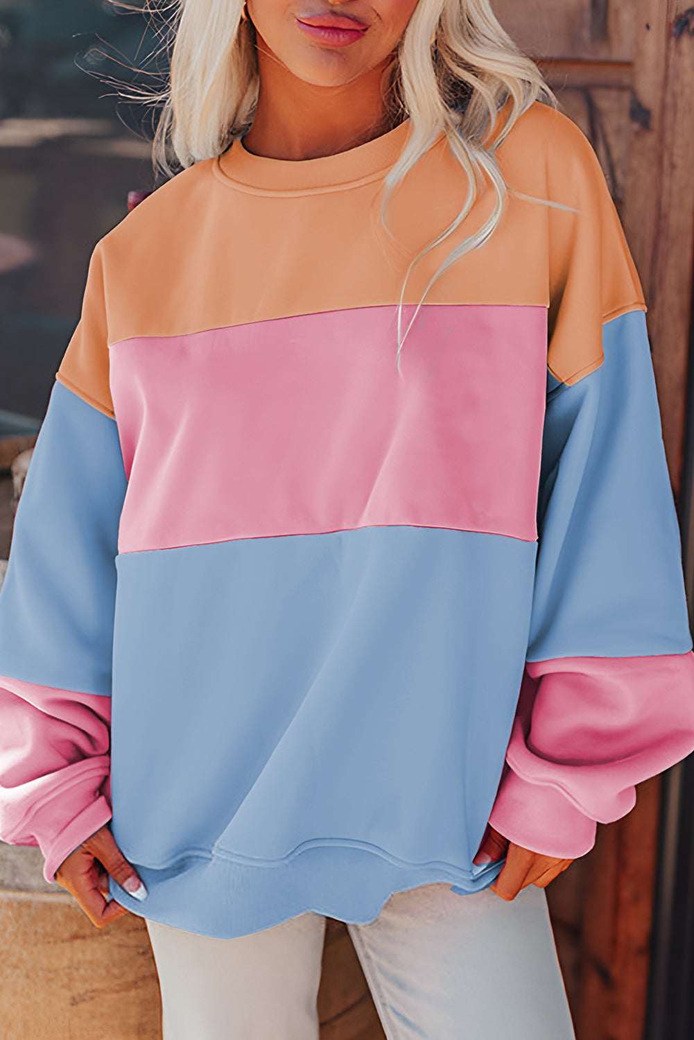 Meadow Mauve Colorblock Patchwork Drop Shoulder Sweatshirt-Tops/Sweatshirts & Hoodies-[Adult]-[Female]-Sky Blue-S-2022 Online Blue Zone Planet