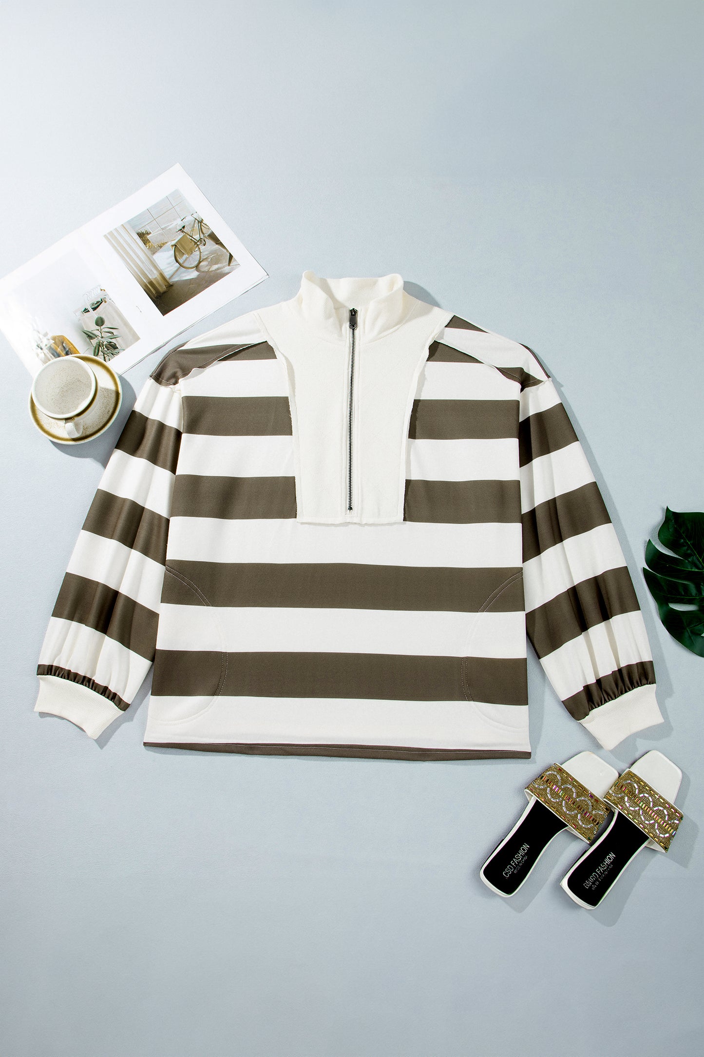 Green Stripe Plus Size Half Zipped Casual Sweatshirt-Plus Size/Plus Size Sweatshirts & Hoodies-[Adult]-[Female]-2022 Online Blue Zone Planet