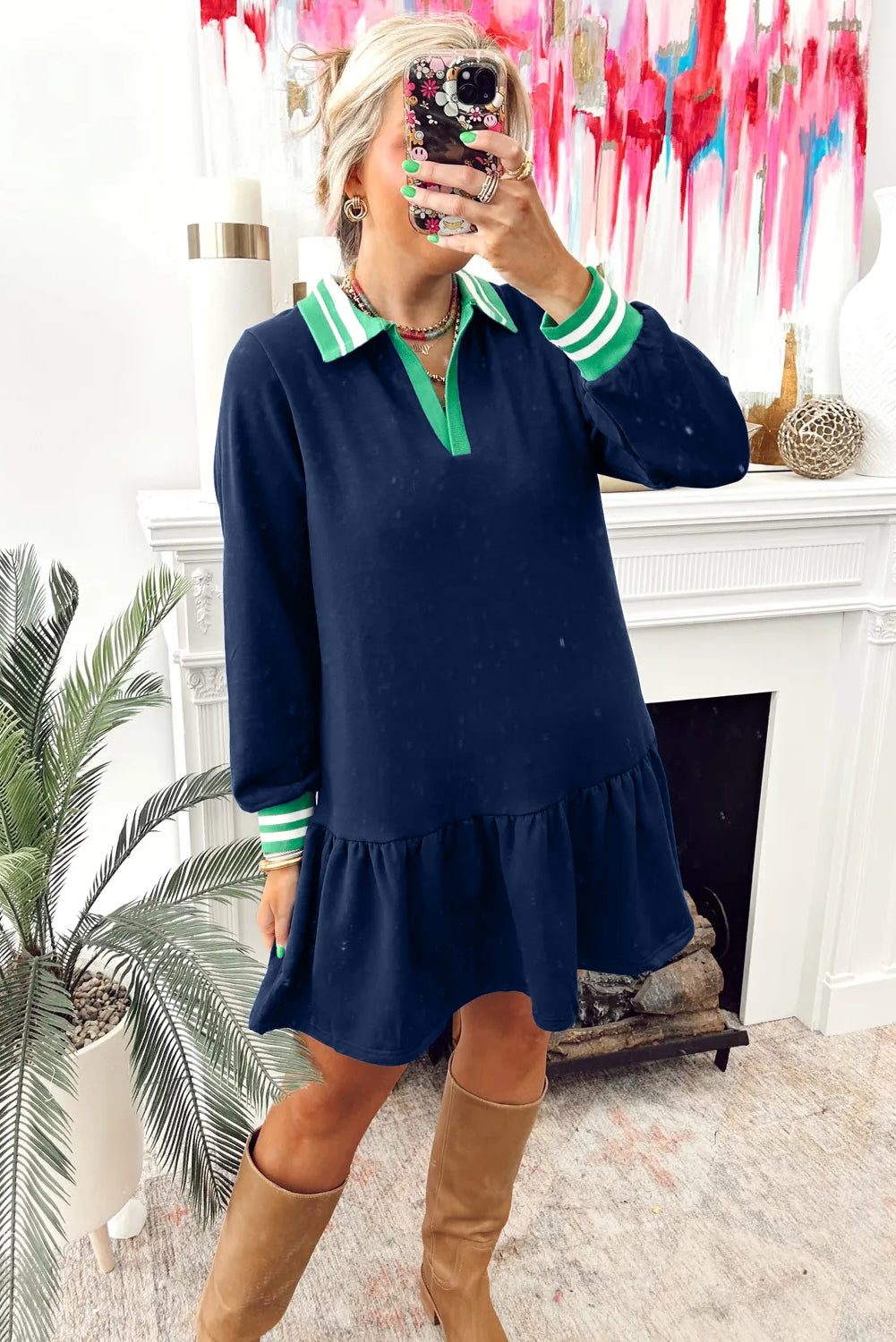 Navy Blue Contrast Striped Cuffs Polo Collar Patchwork Long Sleeve Ruffle Hem Mini Dress-TOPS / DRESSES-[Adult]-[Female]-2022 Online Blue Zone Planet