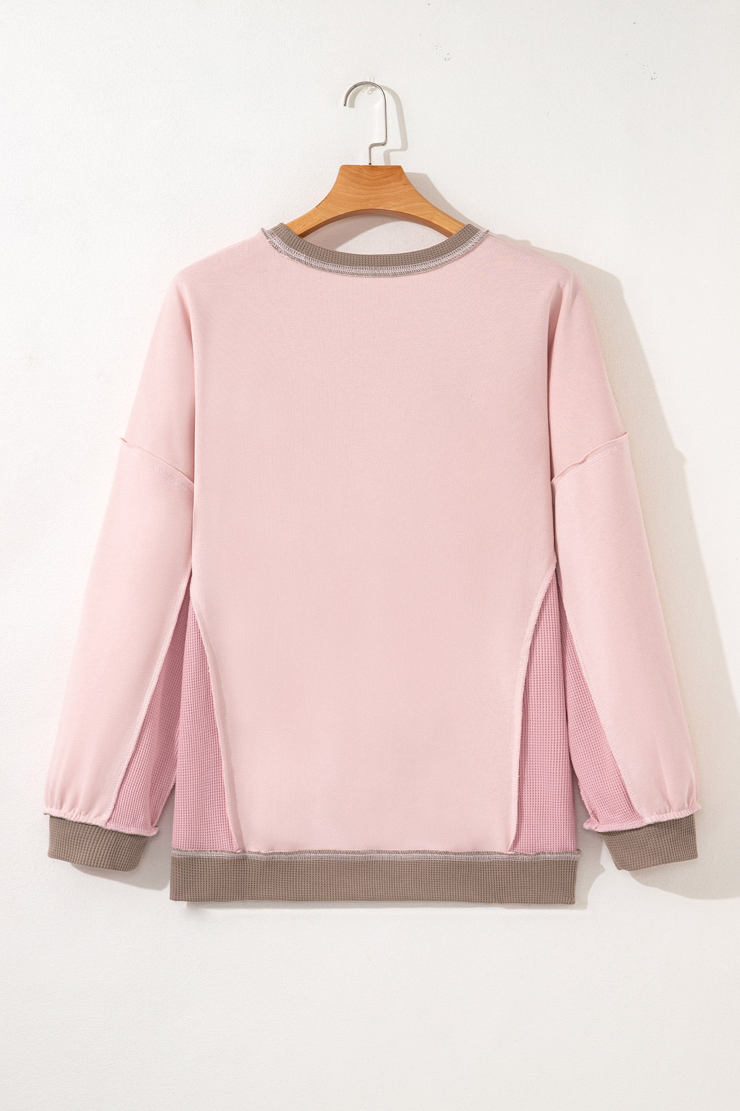 Light Pink Plus Color Block Waffle Patchwork Exposed Seam Baggy Sweatshirt-Plus Size/Plus Size Sweatshirts & Hoodies-[Adult]-[Female]-2022 Online Blue Zone Planet