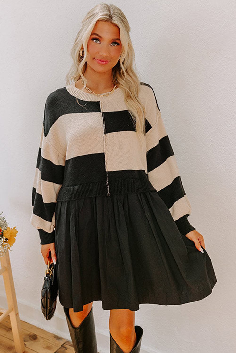 Black Stripe Two in One Knitted Top High Waist Splicing Hem Sweater Dress Black Stripe / XL / 52%Viscose+26%Polyester+22%Polyamide by Blue Zone Planet Black Stripe Two in One Knitted Top High Waist Splicing Hem Sweater Dress Black Stripe / XL / 52%Viscose+26%Polyester+22%Polyamide by Blue Zone Planet