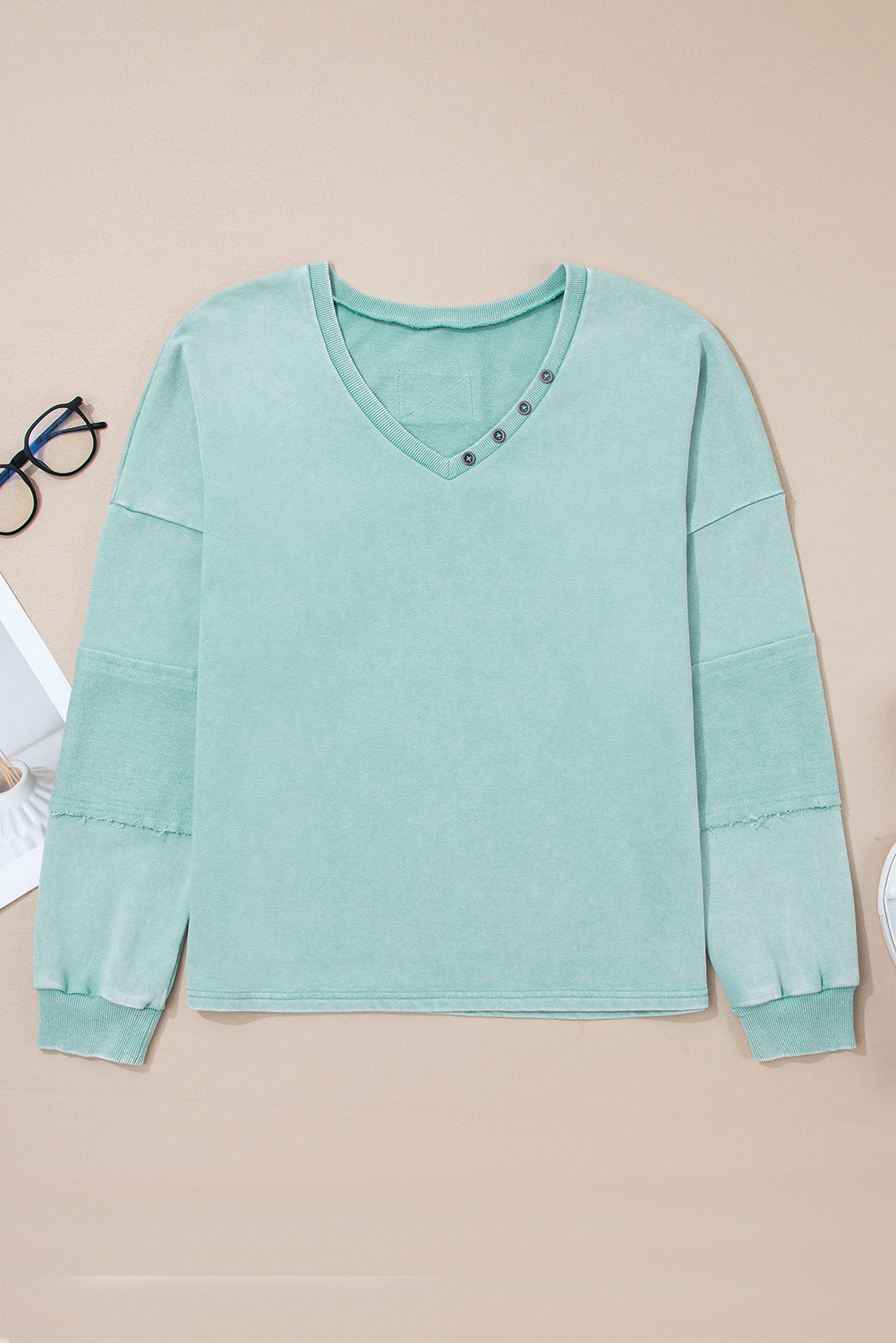 Mist Blue Mineral Wash Exposed Seam Buttoned V Neck Pullover Top-Tops/Long Sleeve Tops-[Adult]-[Female]-2022 Online Blue Zone Planet