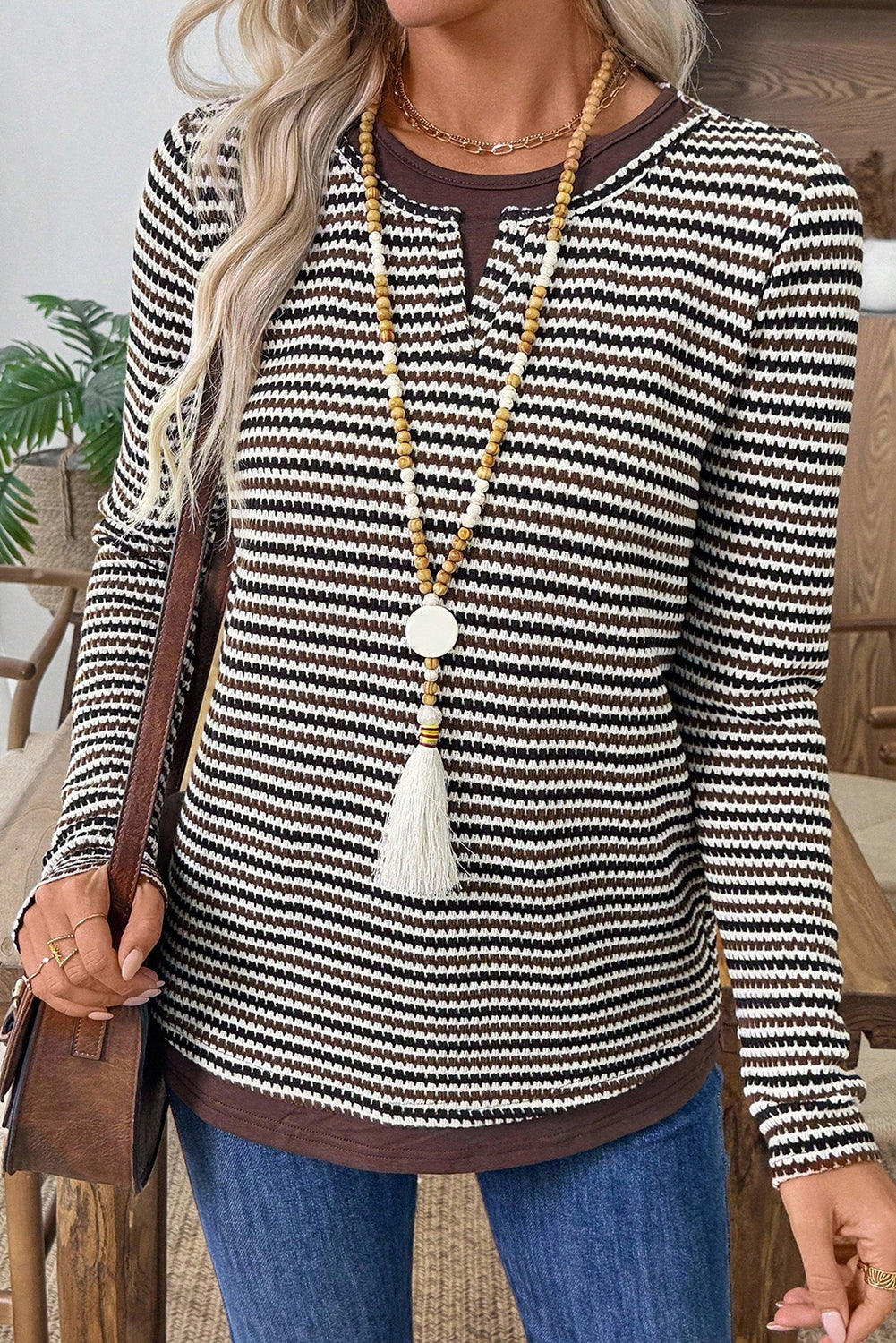 Brown Faux Two Piece Textured Striped Round Neck Long Sleeve T Shirt-Tops/Long Sleeve Tops-[Adult]-[Female]-Brown-S-2022 Online Blue Zone Planet