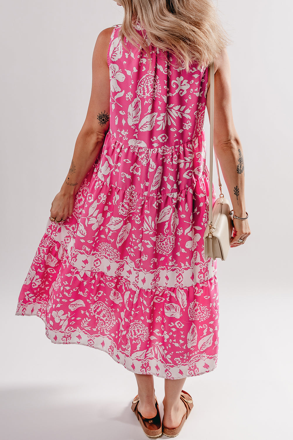 Rose Floral Sleeveless Tasseled Lace-up Neck Tiered Midi Dress-Dresses/Midi Dresses-[Adult]-[Female]-2022 Online Blue Zone Planet