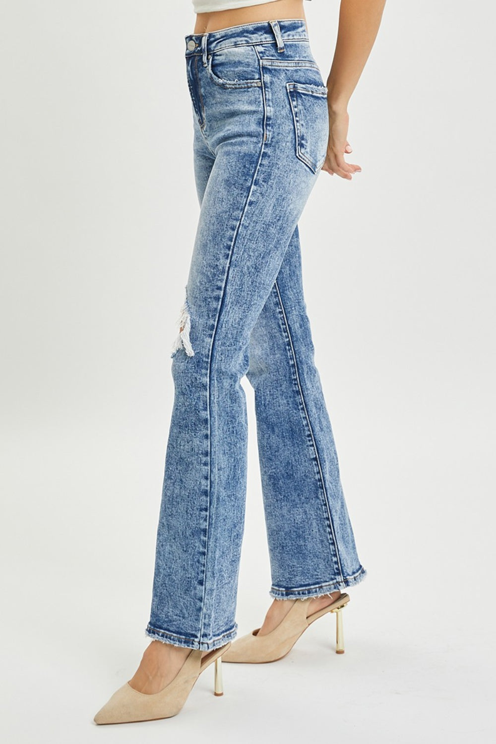 RISEN Full Size High Rise Distressed Flare Jeans-BOTTOMS SIZES SMALL MEDIUM LARGE-[Adult]-[Female]-2022 Online Blue Zone Planet