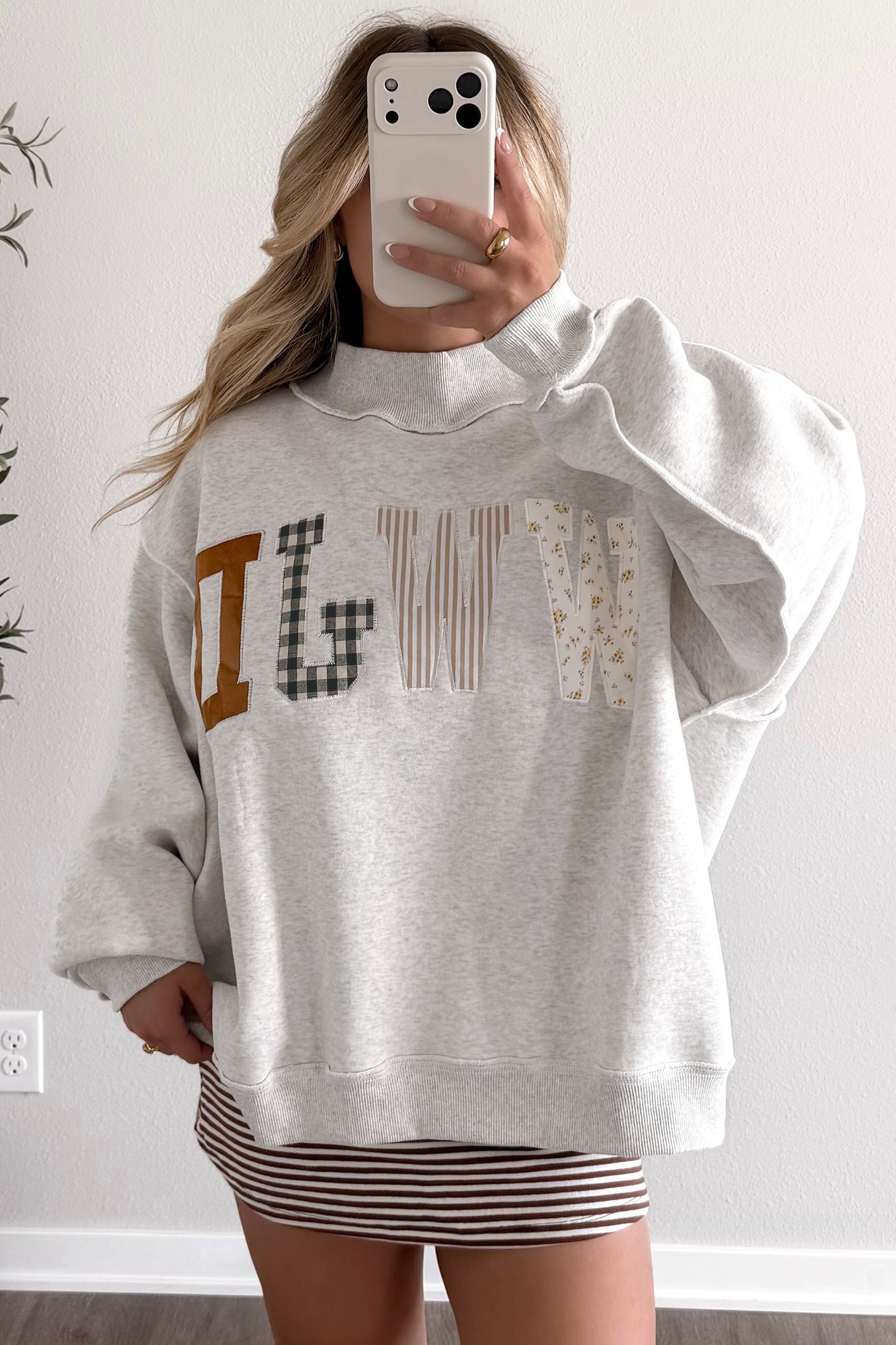 Gray WWJD Mixed Pattern Embroidered Patch Graphic Mock Neck Sweatshirt-Tops/Sweatshirts & Hoodies-[Adult]-[Female]-2022 Online Blue Zone Planet