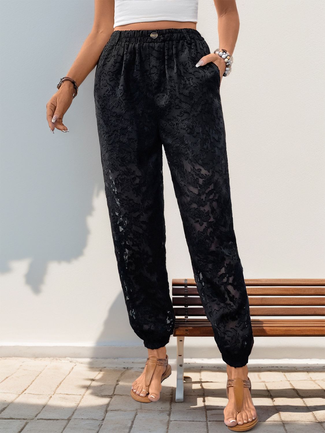 Perfee Pocketed Lace Elastic Waist Pants-BOTTOMS SIZES SMALL MEDIUM LARGE-[Adult]-[Female]-2022 Online Blue Zone Planet