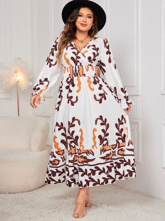 Blue Zone Planet | Plus Size Printed Surplice Flounce Sleeve Dress-TOPS / DRESSES-[Adult]-[Female]-White-1XL-2022 Online Blue Zone Planet