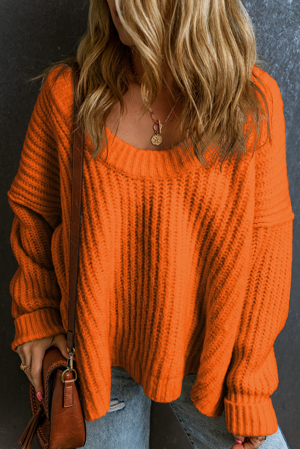 Orange Ribbed Knit Round Neck Slouchy Chunky Sweater