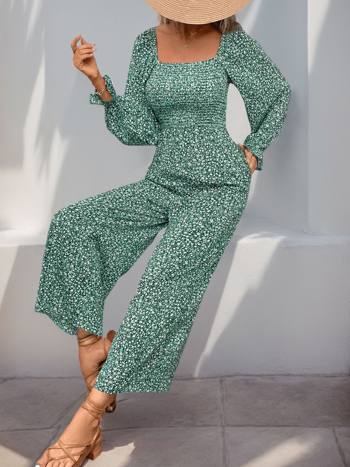 Perfee Smocked Printed Long Sleeve Wide Leg Jumpsuit-TOPS / DRESSES-[Adult]-[Female]-2022 Online Blue Zone Planet