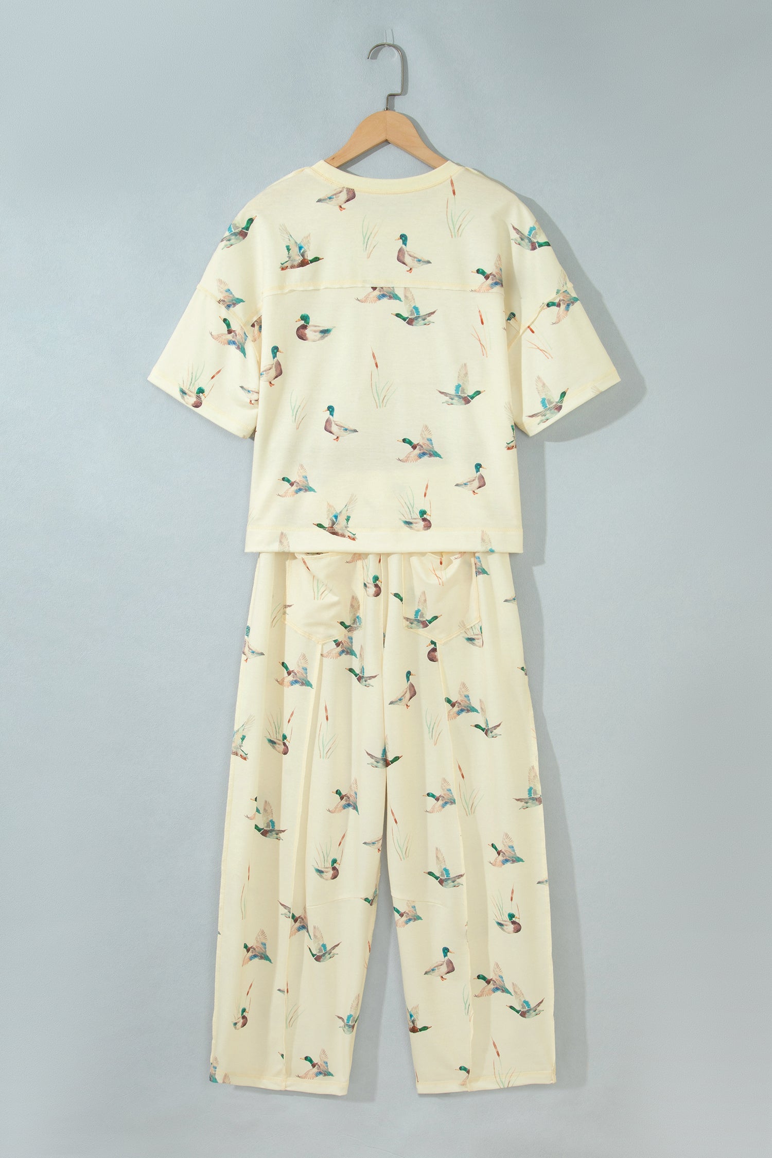 Beige Duck Print Short Sleeve Top Pocket Pants 2pcs Casual Set-Two Piece Sets/Pant Sets-[Adult]-[Female]-2022 Online Blue Zone Planet