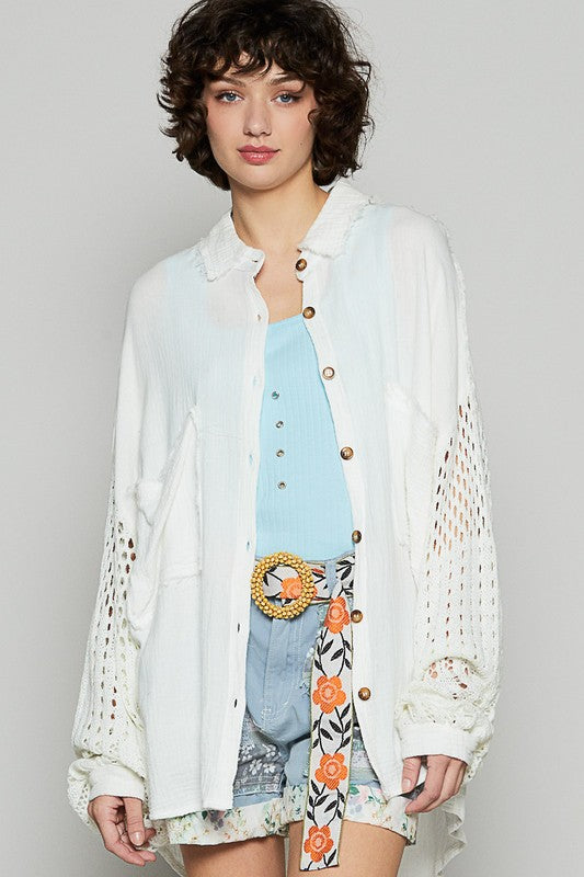 POL Openwork Lantern Sleeve Button Down Gauze Shirt-TOPS / DRESSES-[Adult]-[Female]-2022 Online Blue Zone Planet