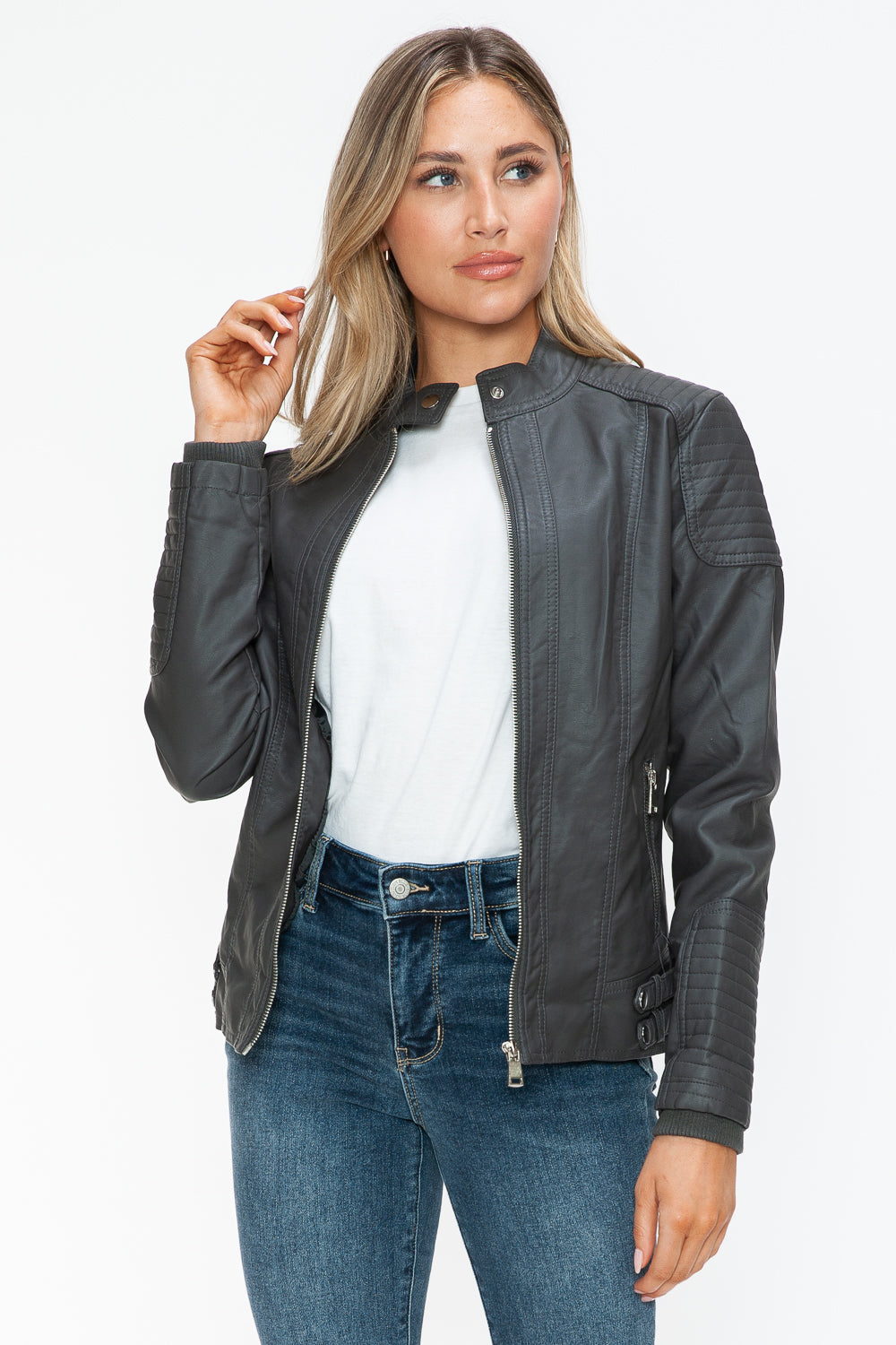 Blue Zone Planet | Snobbish Faux Leather Biker Jacket with Side Zip Pockets-TOPS / DRESSES-[Adult]-[Female]-2022 Online Blue Zone Planet