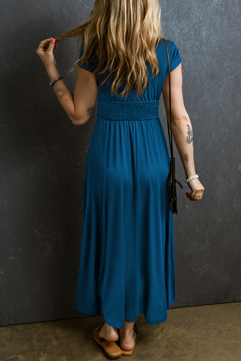 Blue Zone Planet | Peacock Blue Short Sleeve Shirred High Waist V Neck Maxi Dress-TOPS / DRESSES-[Adult]-[Female]-2022 Online Blue Zone Planet