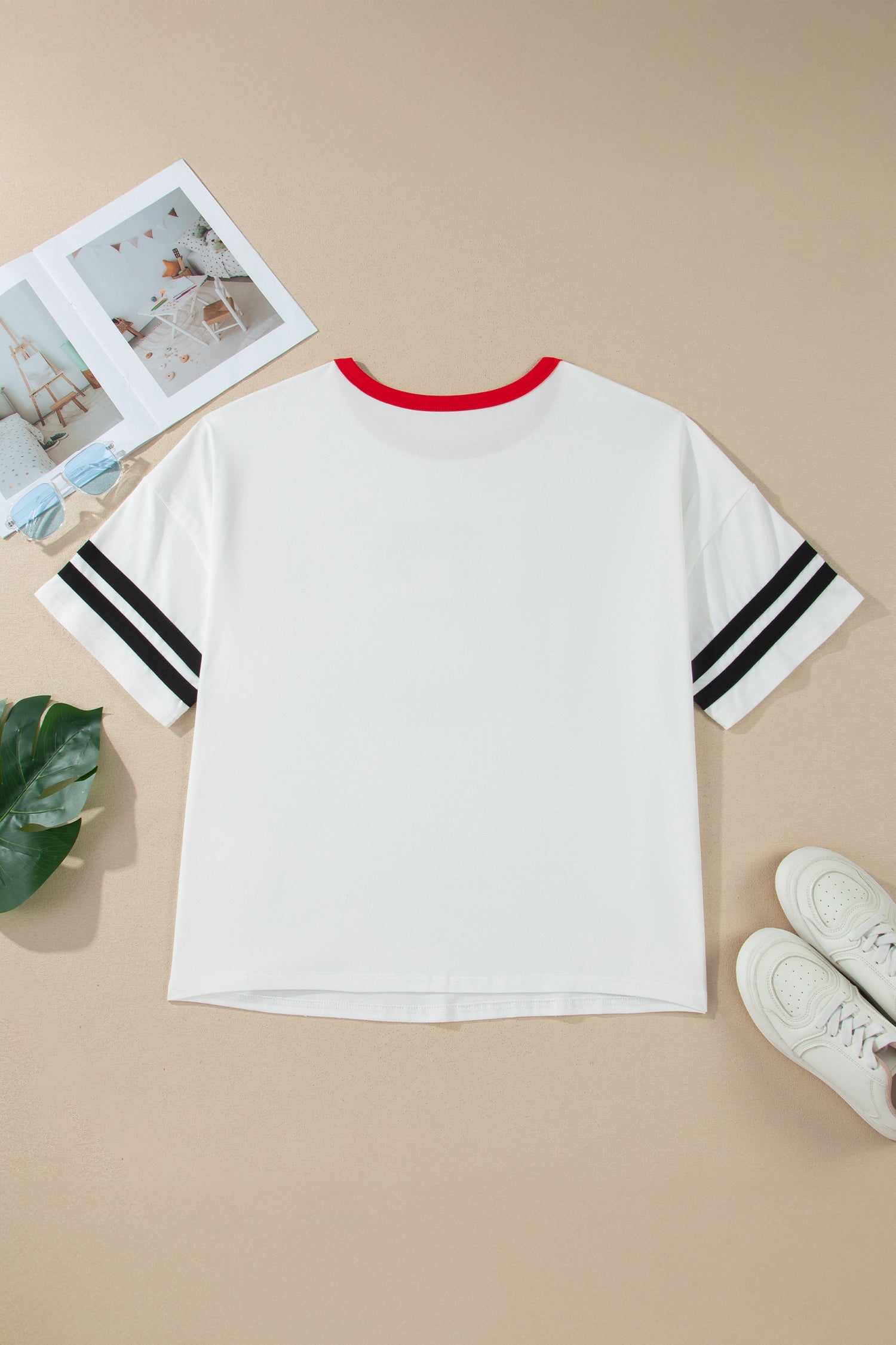 White Retro Usa Striped Trim Short Sleeve Plus Size Tee-Plus Size/Plus Size Tops/Plus Size Tops & Tees-[Adult]-[Female]-2022 Online Blue Zone Planet