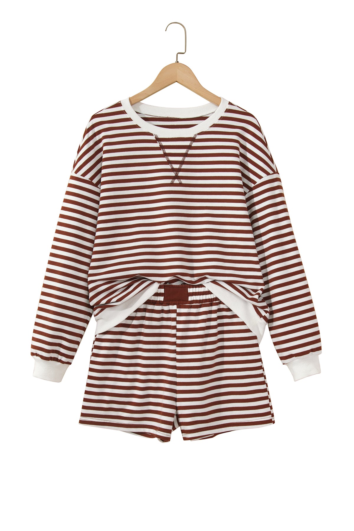 Grapefruit Orange Drop Shoulder Long Sleeve Pullover Elastic Waist Casual Short Set-Two Piece Sets/Short Sets-[Adult]-[Female]-2022 Online Blue Zone Planet