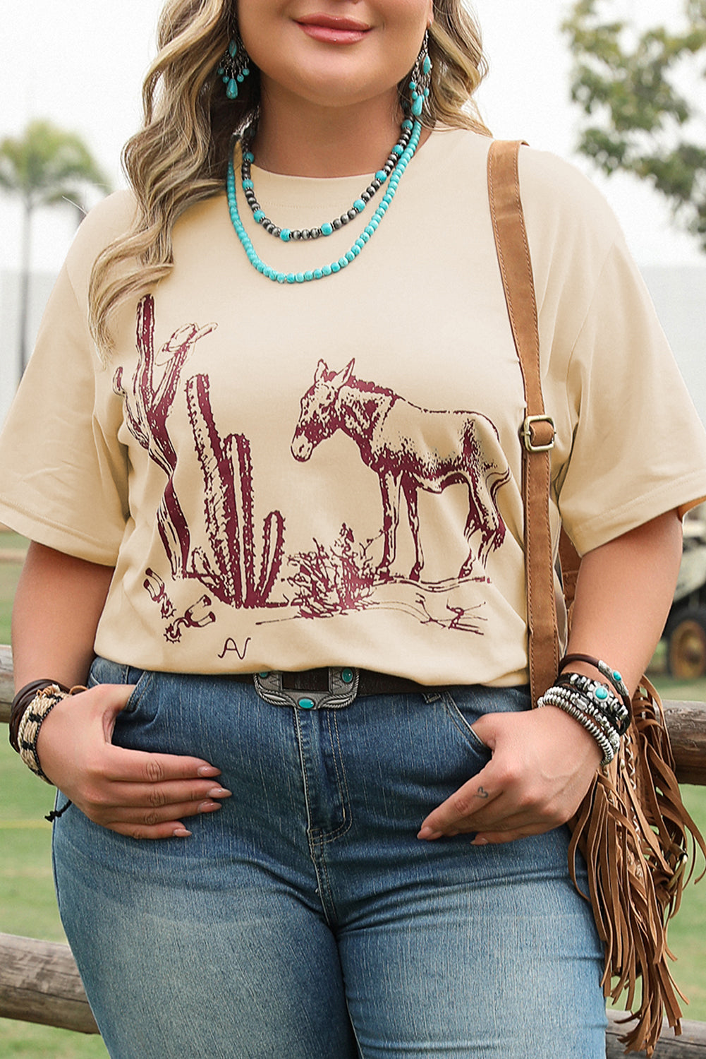 Parchment Western Burro Cactus Crew Neck Graphic Tee-Plus Size/Plus Size Tops/Plus Size Tops & Tees-[Adult]-[Female]-2022 Online Blue Zone Planet