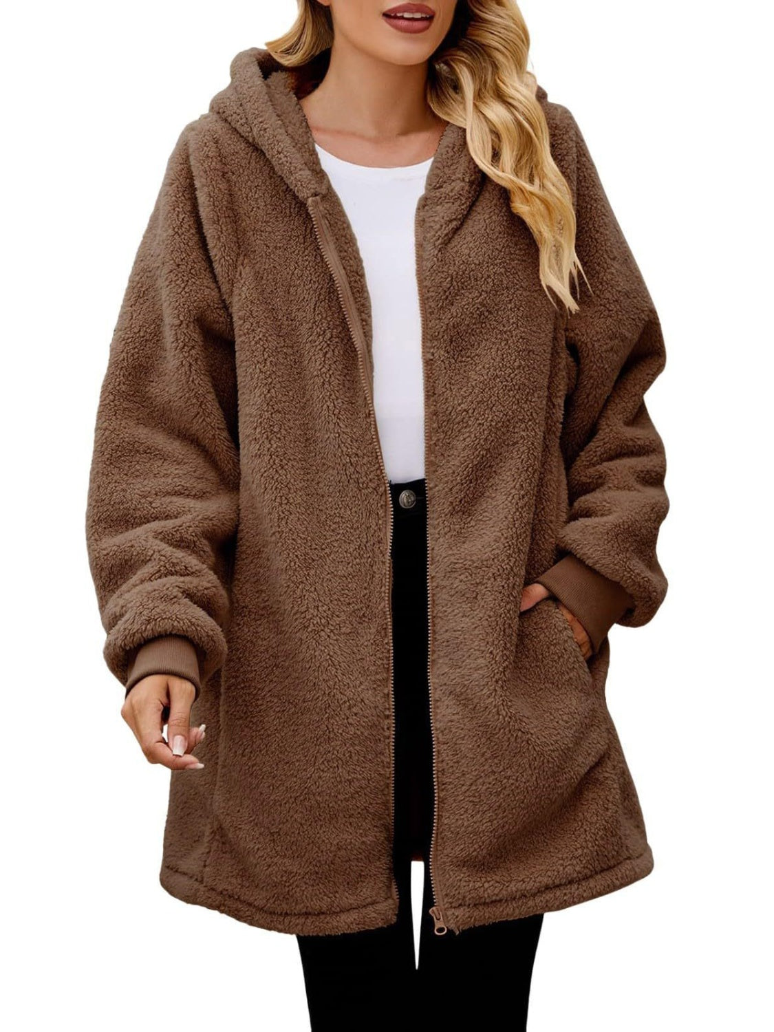 Fuzzy Pocketed Zip Up Long Sleeve Hooded Jacket-TOPS / DRESSES-[Adult]-[Female]-2022 Online Blue Zone Planet