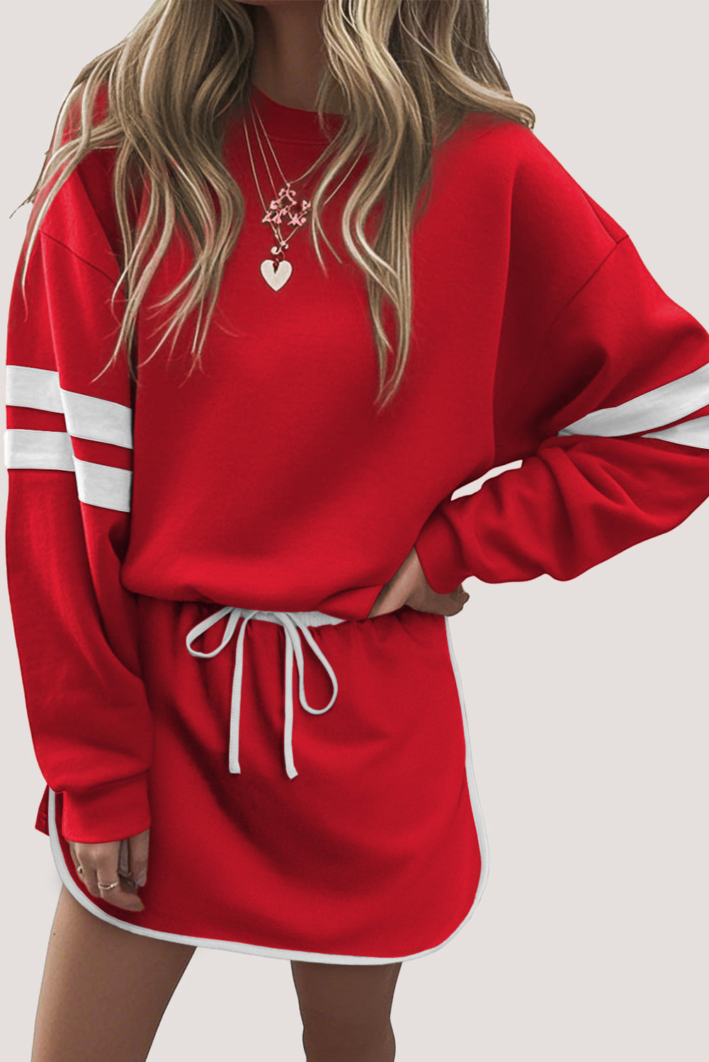 Evergreen Varsity Stripe Detail Drop Shoulder Pullover Mini Skirt Set-Two Piece Sets/Two Piece Dresses-[Adult]-[Female]-Fiery Red-S-2022 Online Blue Zone Planet